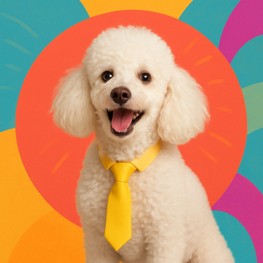 Веселий білий пудель у жовтій краватці, позує на яскравому фоні