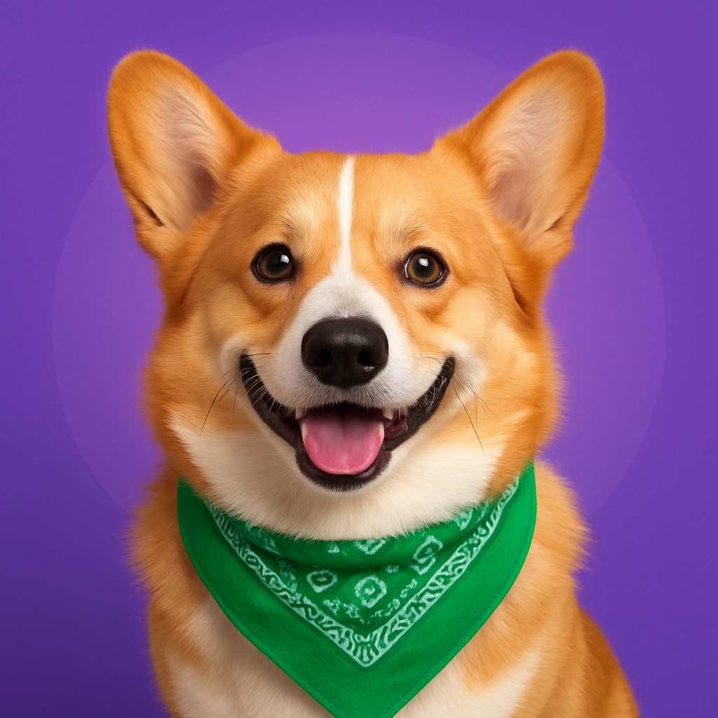 Руда коргі у зеленій бандані, усміхається на фіолетовому фоні