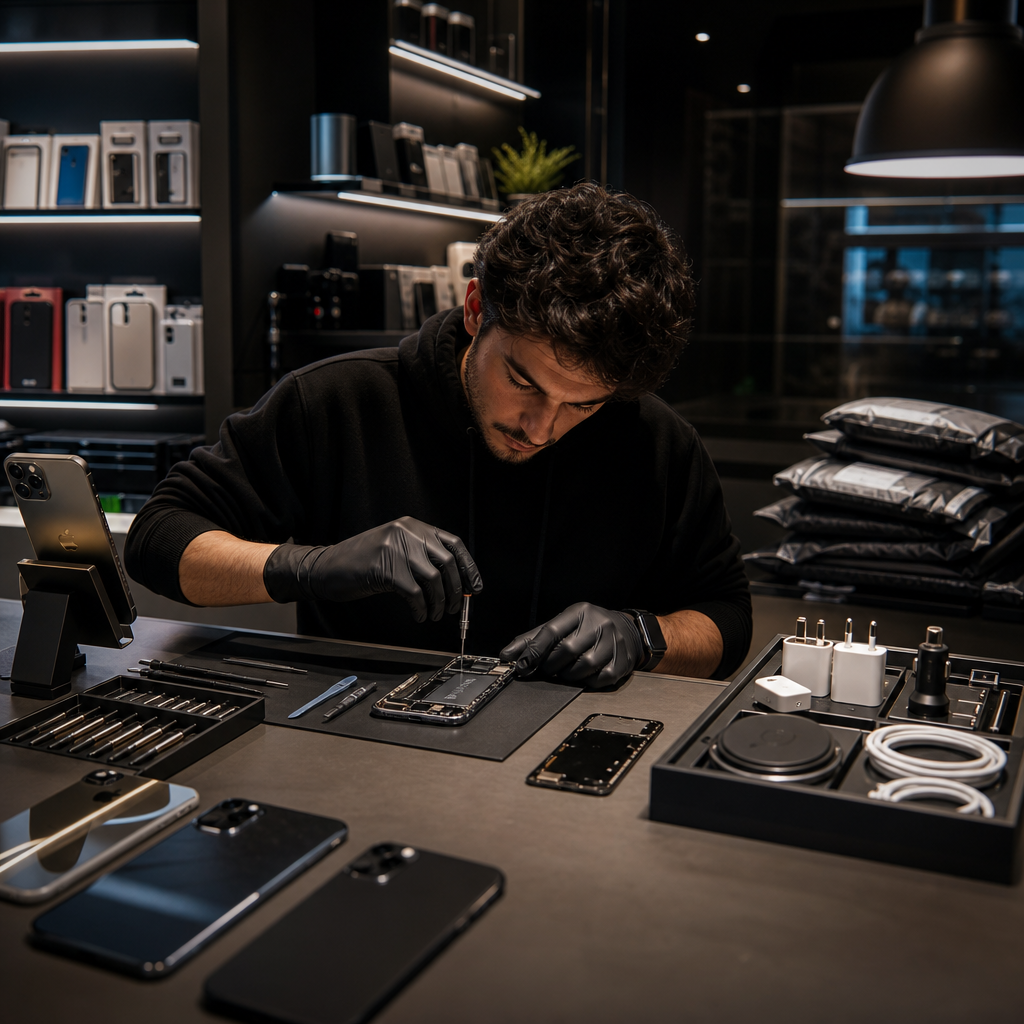 Close-up of a technician repairing an iPhone with precision tools under dramatic workshop lighting