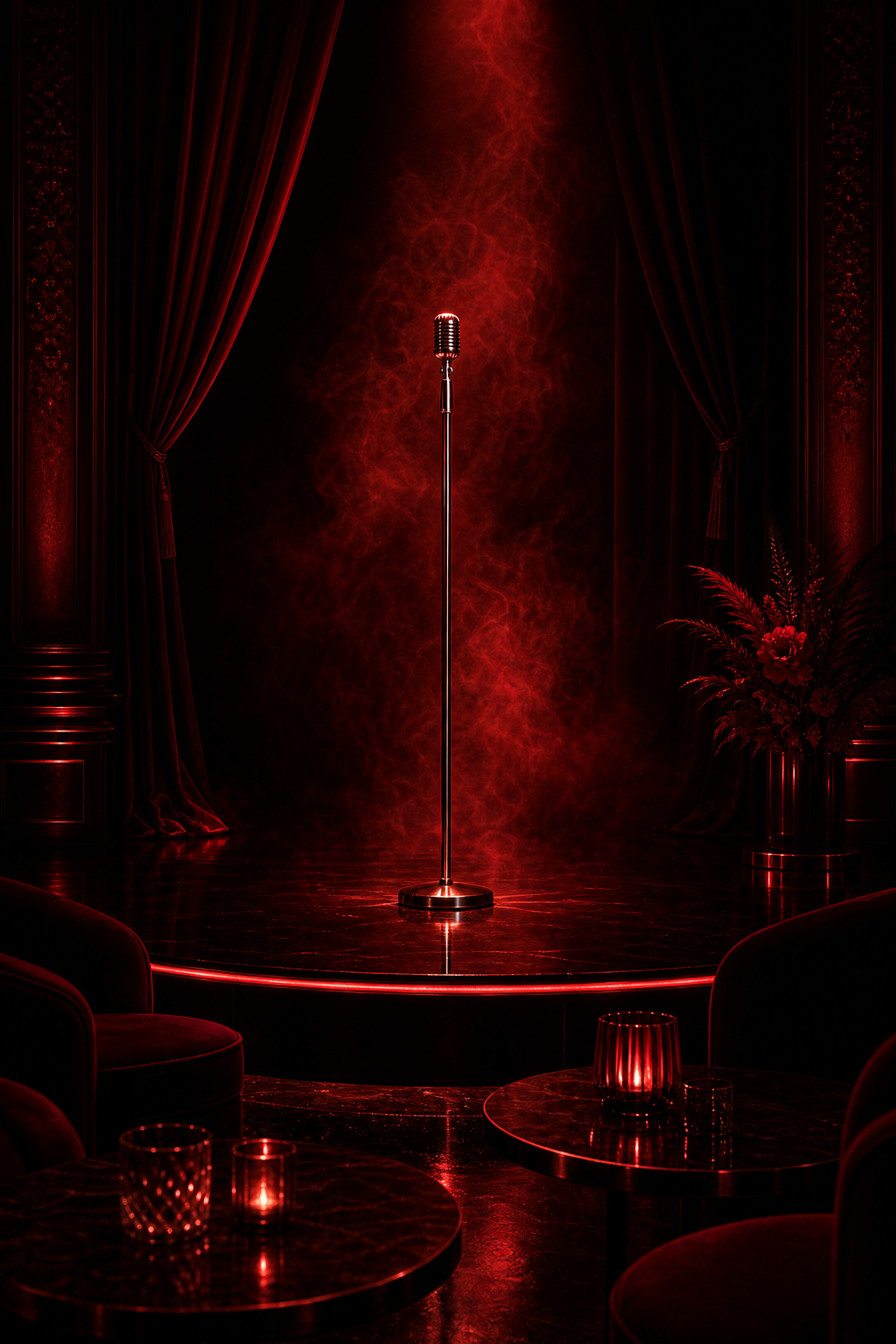 Cinematic red-lit spoken-word stage scene with a vintage microphone, soft smoke, and upscale noir mood