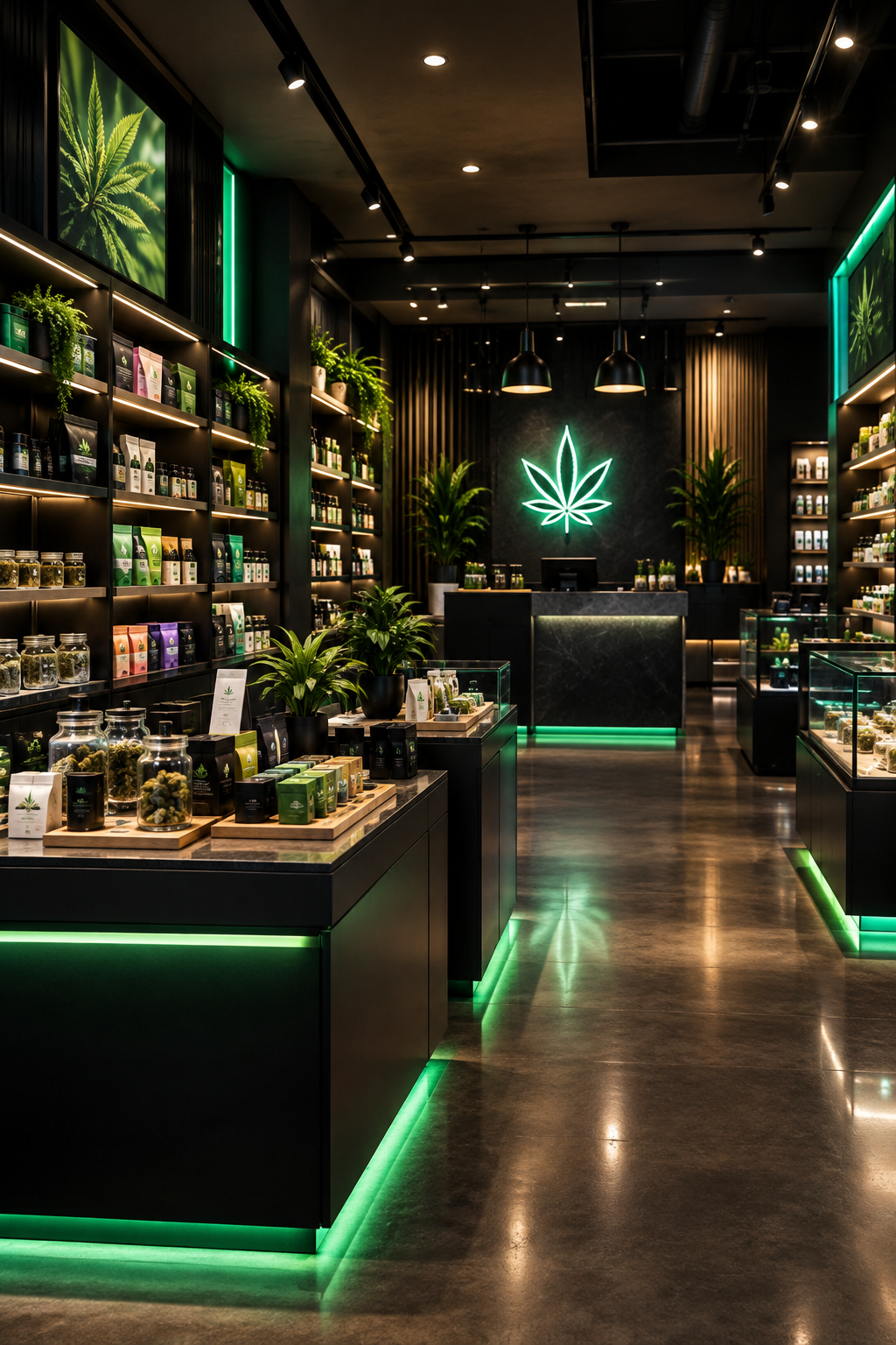 Premium retail storefront interior with curated THC and wellness products on illuminated shelves