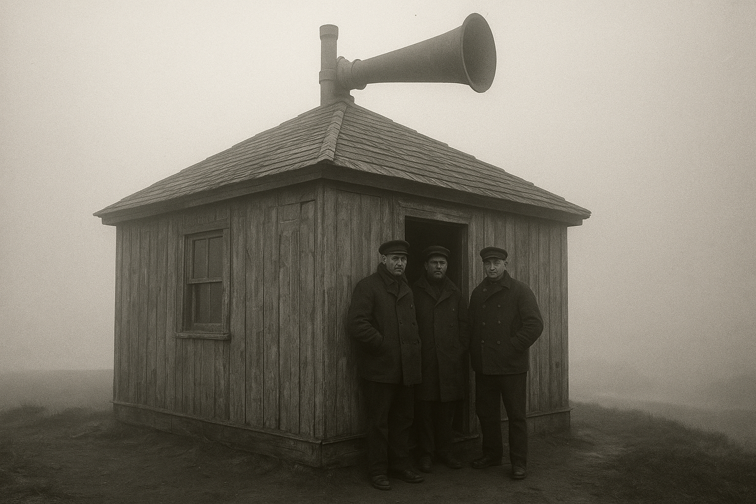 Fog signal house at Drift Cape with horn crew standing outside in heavy coastal mist