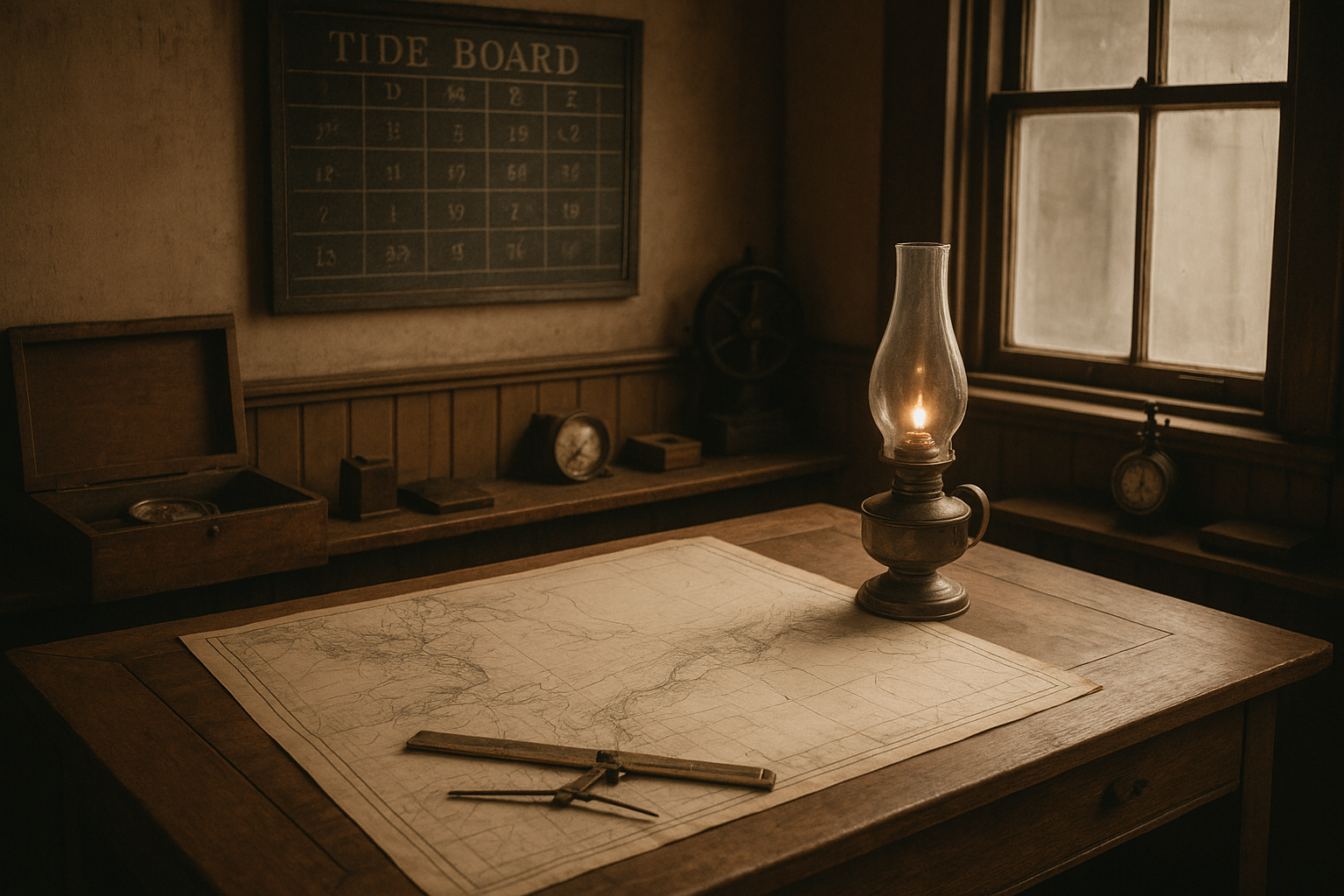 Keeper chart room interior with oil lamp, route chart, and tide board at East Bar Light