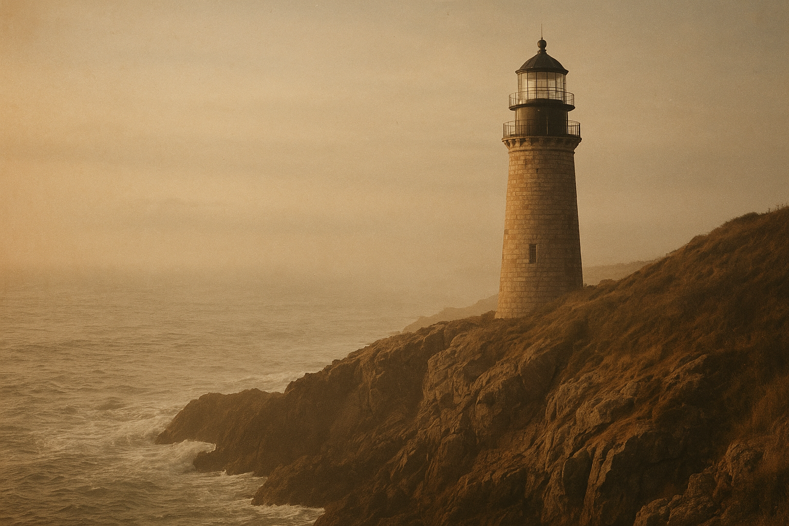 Weathered northern coast lighthouse on rugged cliffs at golden-hour, archival film texture, soft sea haze