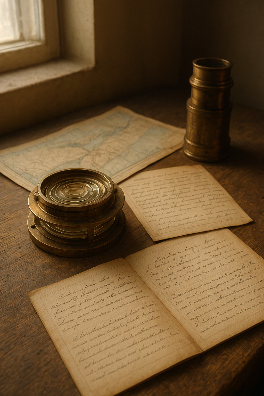 Archival chart room table with brass lens components, coastal survey map sheets, and handwritten keeper notes under warm natural window light