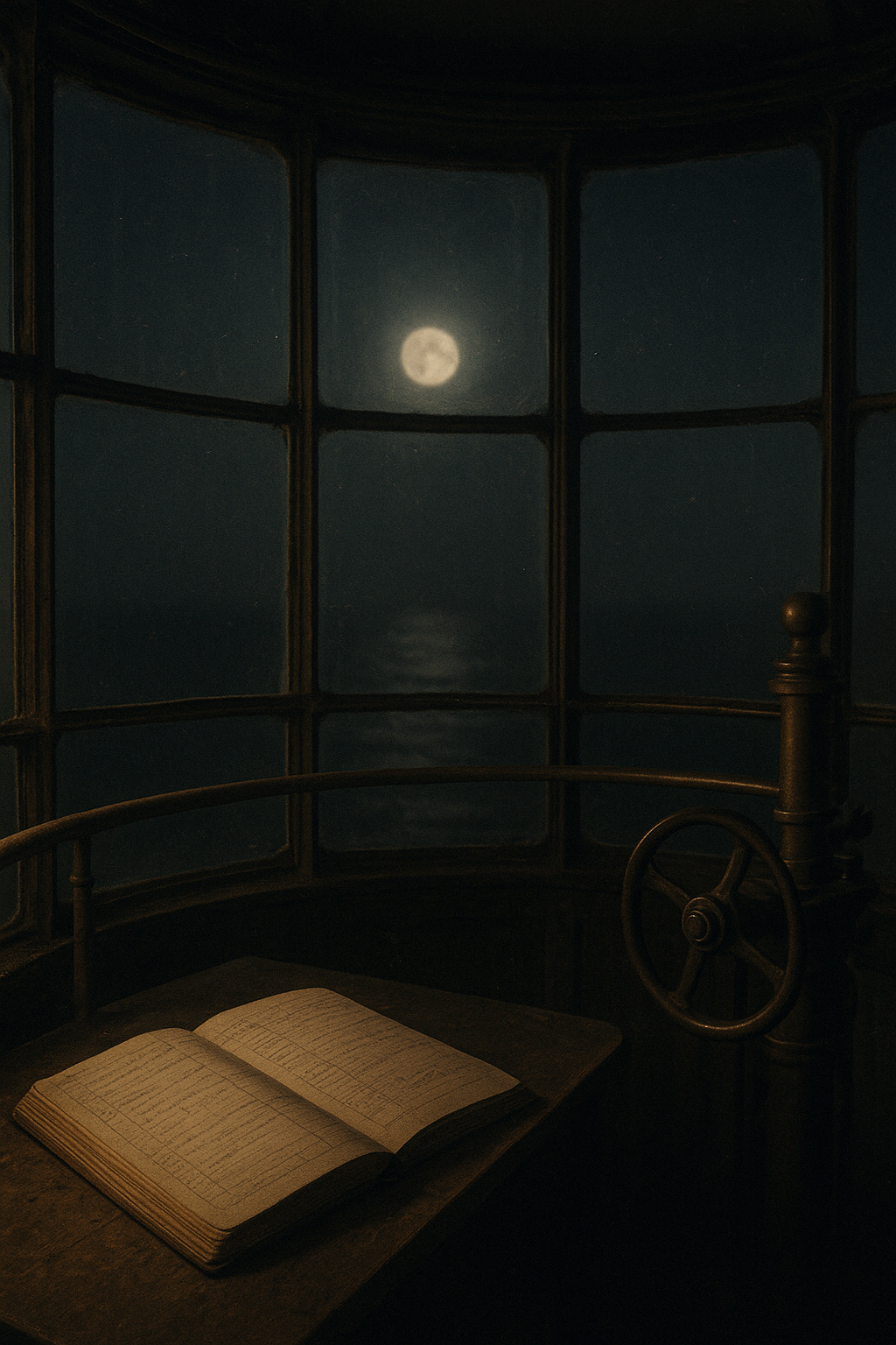 Film-style archival image of a lighthouse lantern room at night with brass railings and handwritten watch ledger