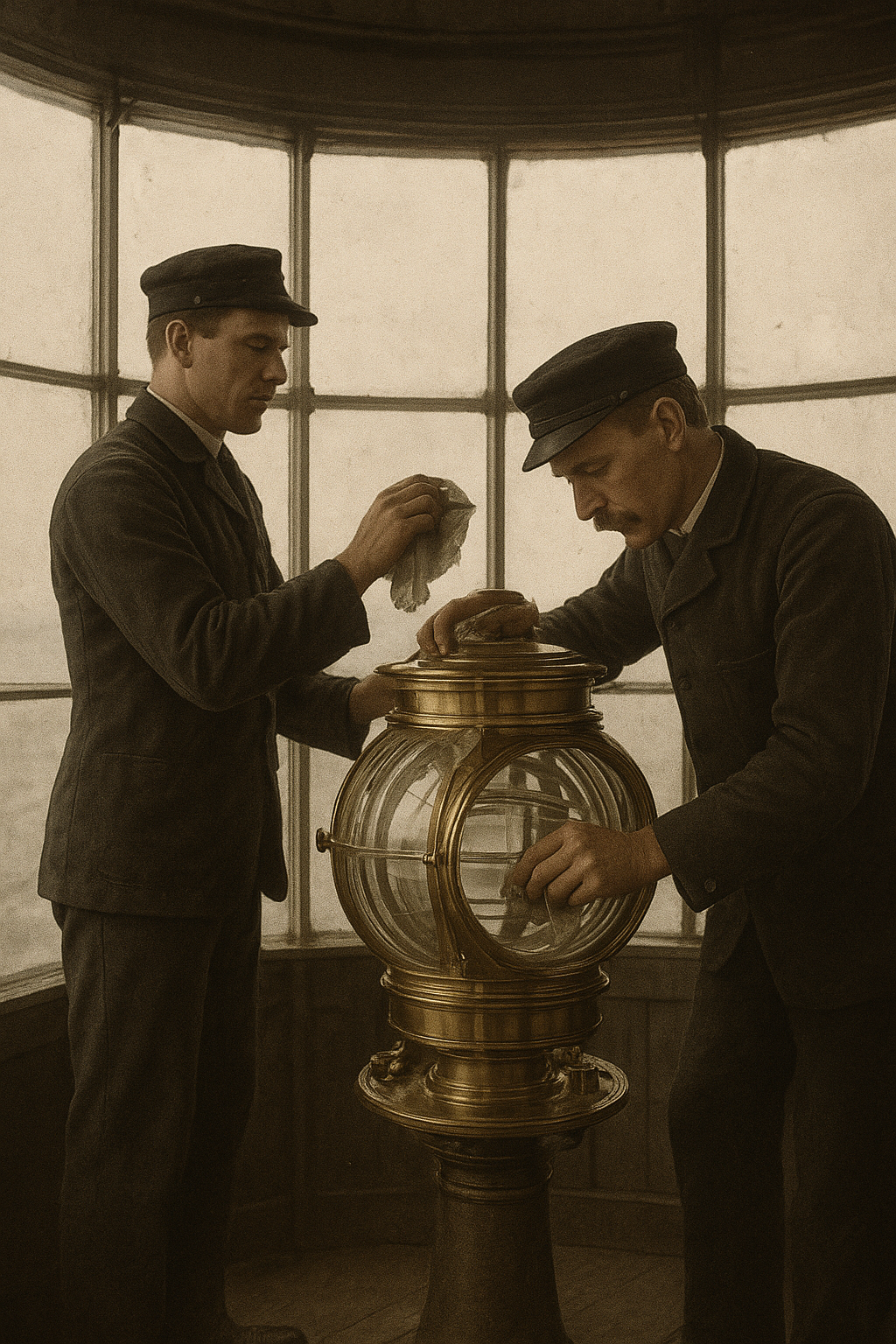 Two maintenance workers polishing lantern glass at Seaward Point Lighthouse during spring overhaul