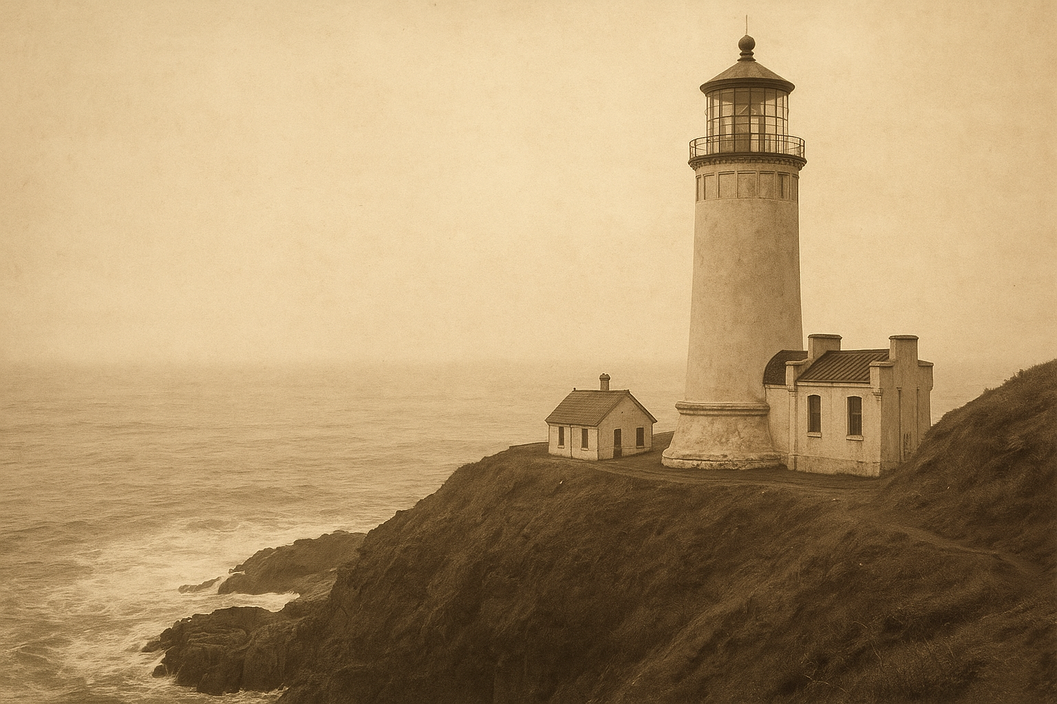 Wide archival view of North Head Lighthouse on a rocky bluff with keeper cottages and surf below