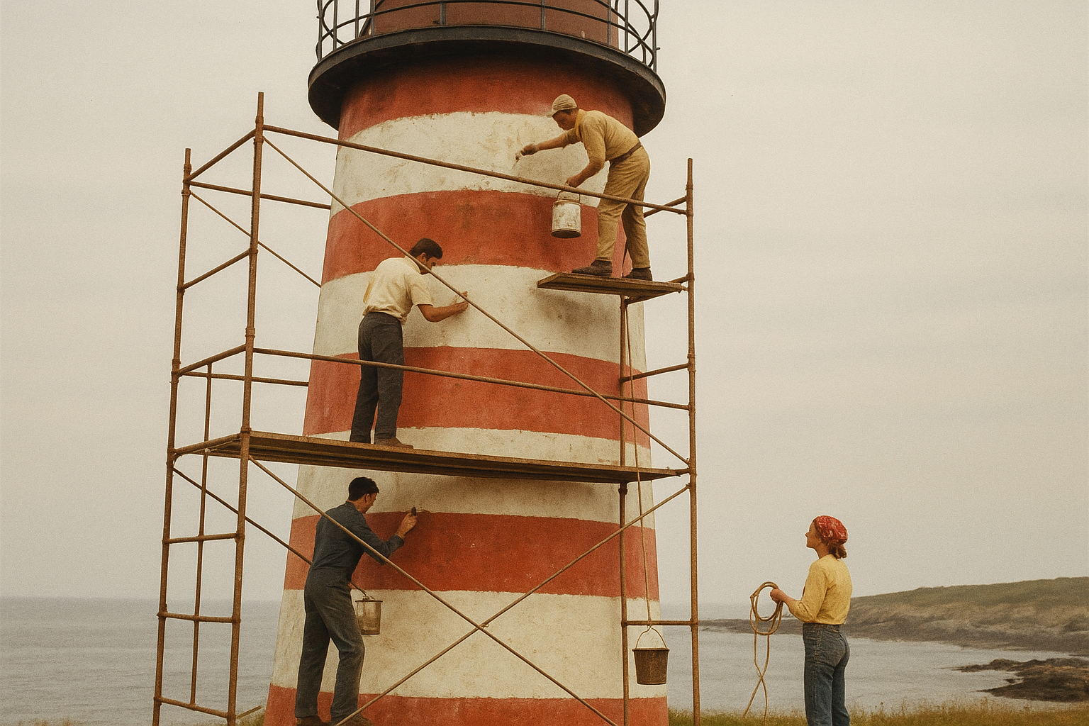 Preservation volunteers on scaffold repainting the striped tower at Long Reach Lighthouse