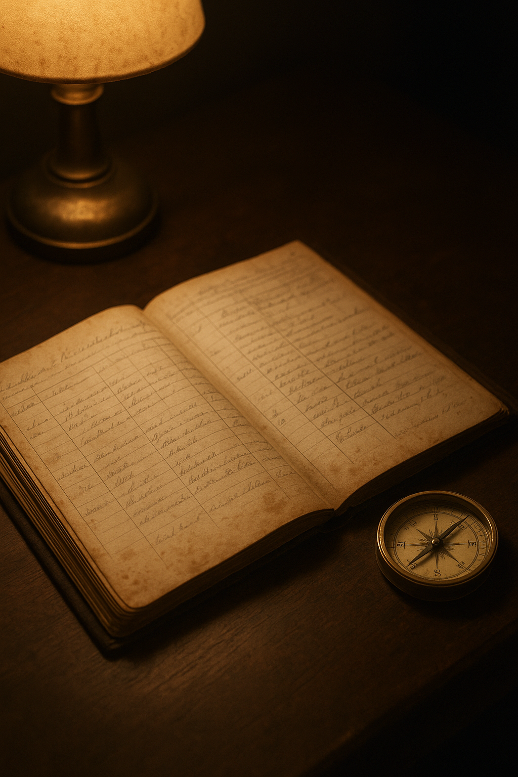 Archival photograph of a weathered logbook and brass compass on a wooden keeper desk under soft lamp light