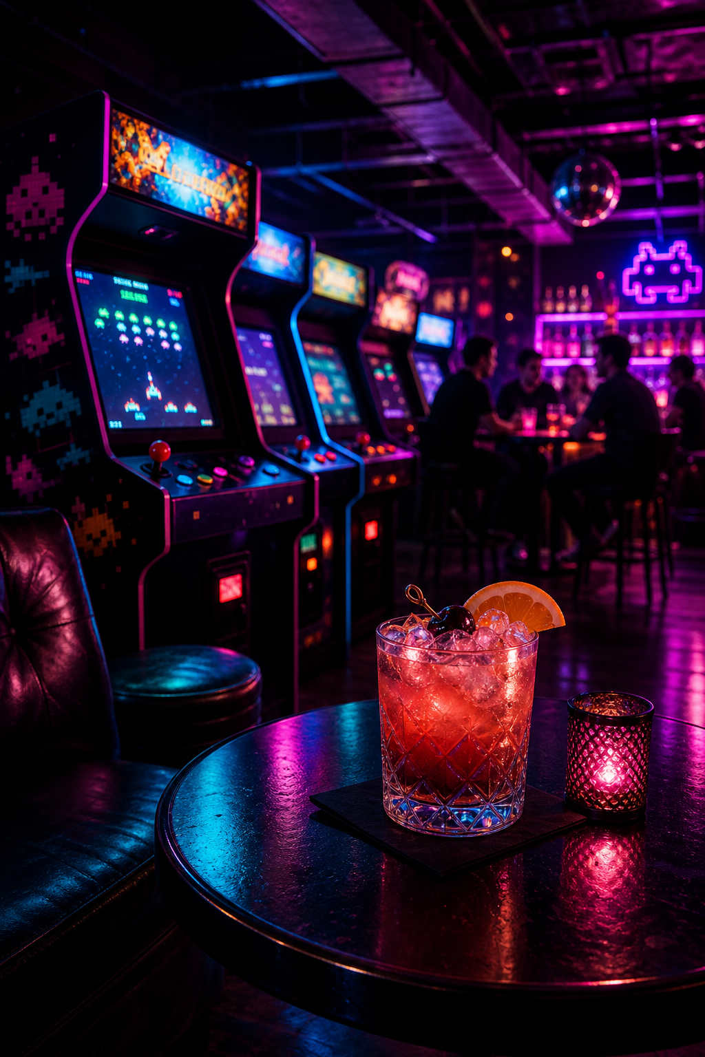 Moody arcade lounge corner with neon lights, cocktail details, and glowing game cabinets