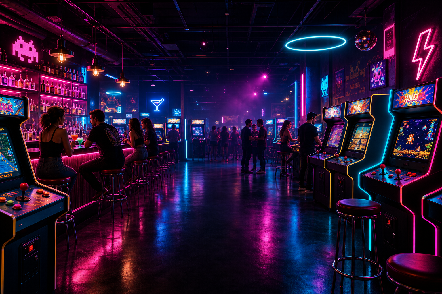Neon-lit retro arcade bar interior with glowing game cabinets, reflective floors, and energetic nightlife ambiance