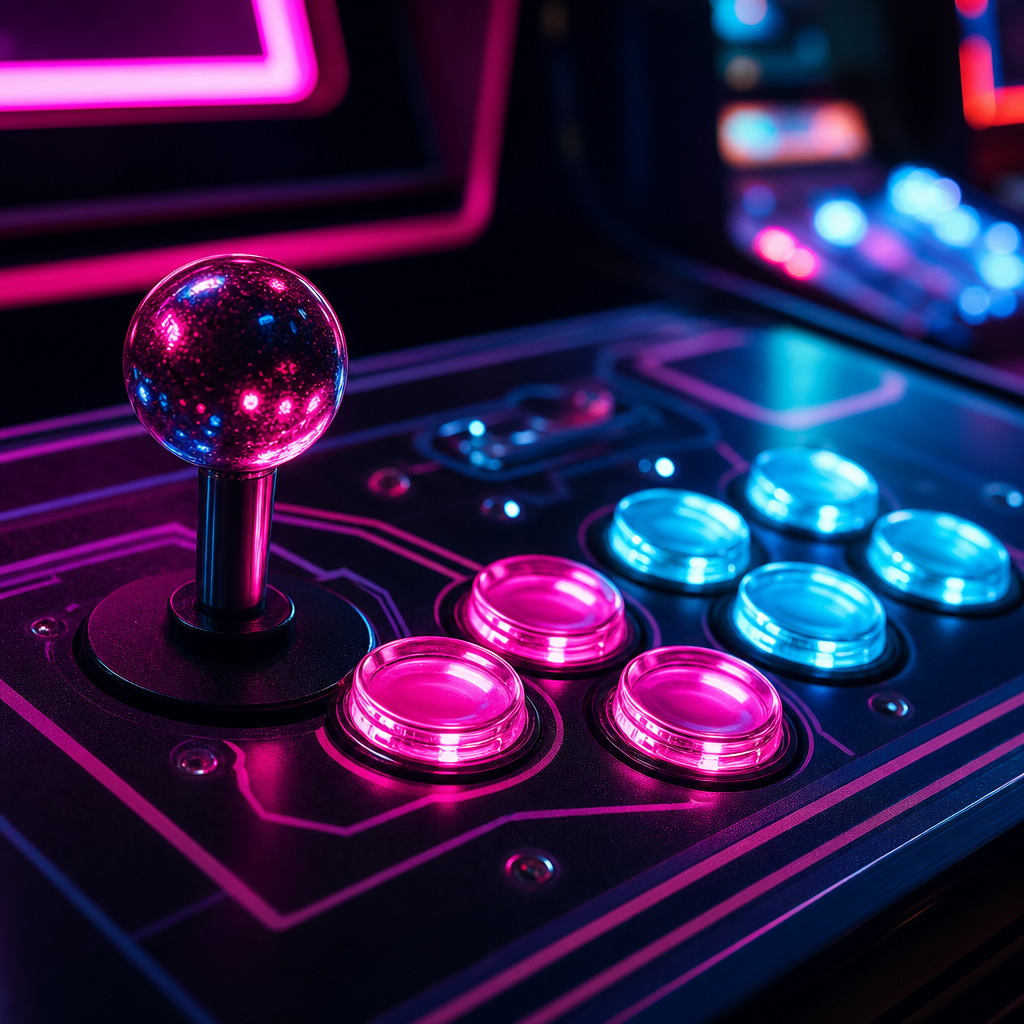Close-up of an arcade joystick and glowing buttons under cyan and magenta neon light