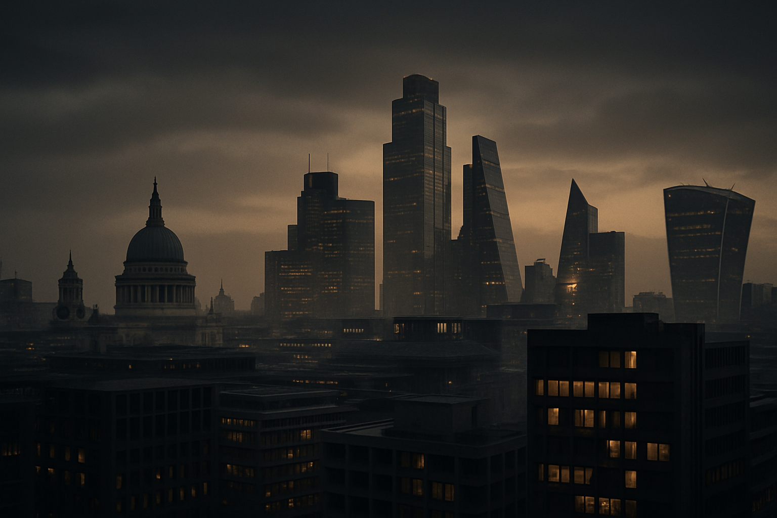 Moody London skyline with brutalist-meets-modern architecture at dusk, cinematic noir lighting, soft haze, and champagne highlights