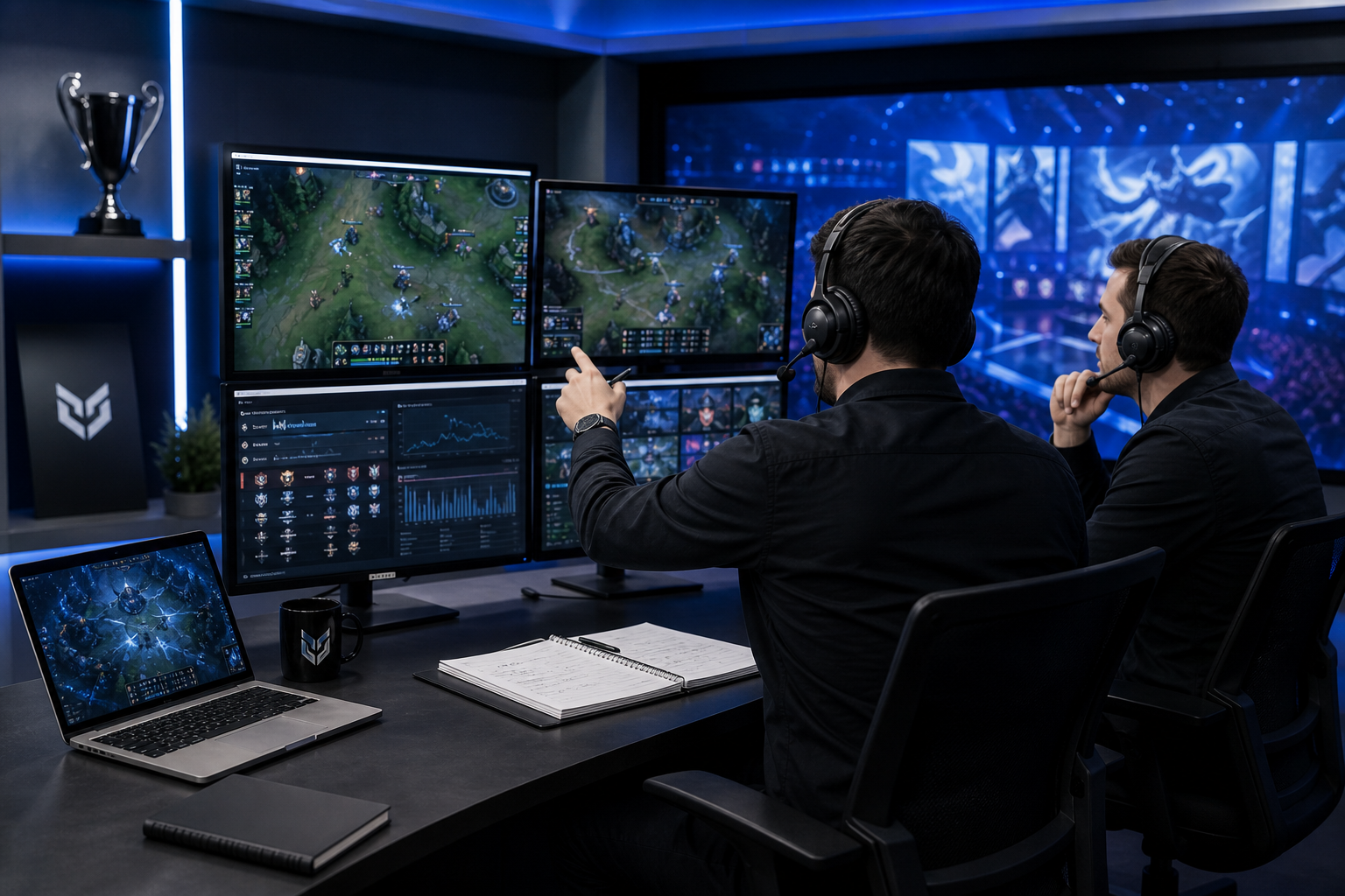 Modern esports editorial desk with analysts reviewing match footage on multiple monitors