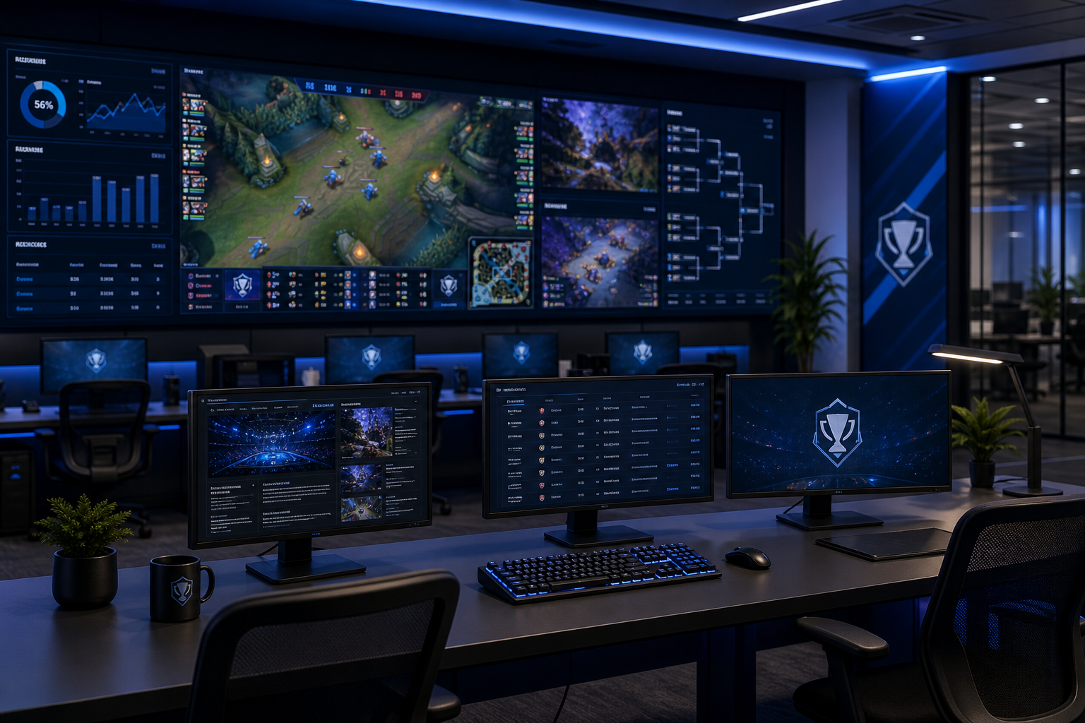 Professional esports newsroom dashboard with live match feeds, editorial notes, and analytics screens