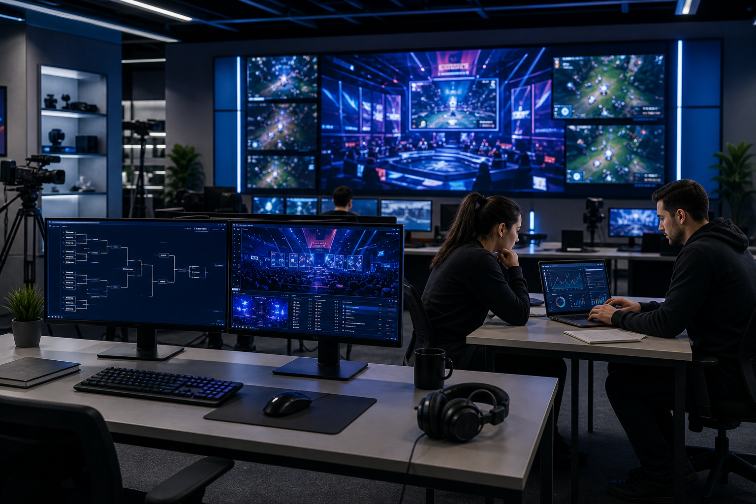 Editorial workspace with esports broadcast screens, analytics dashboards, and a professional team reviewing match footage