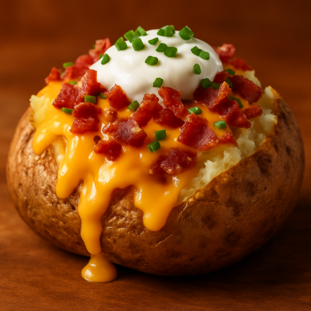 Печена картопля з сиром, беконом і зеленою цибулею