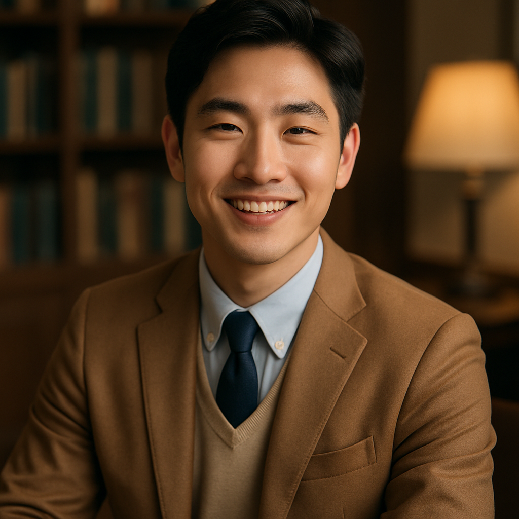 Warm, photorealistic study space with a focused learner, notebook, and laptop in a modern library setting