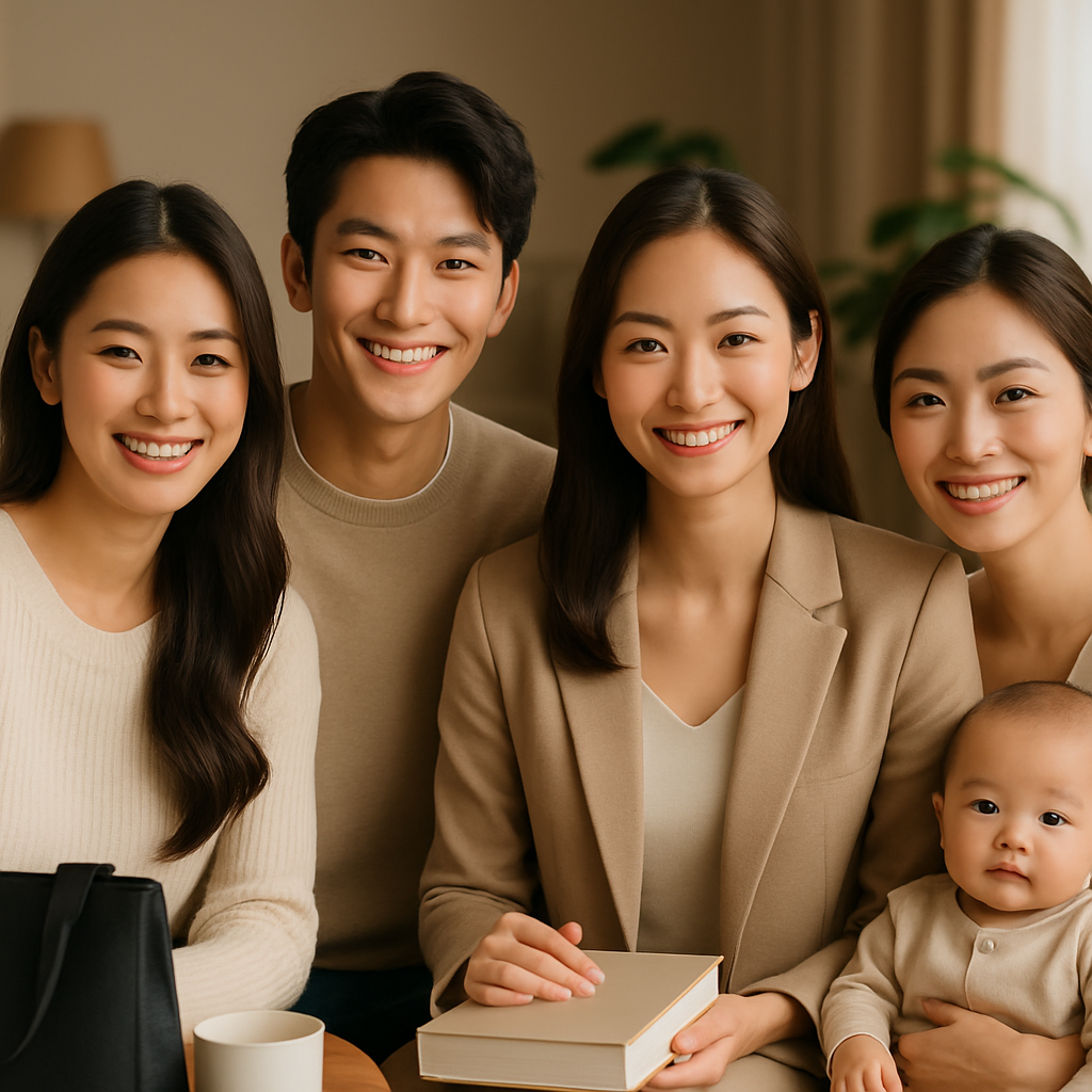 Polished corporate illustration of a global lifestyle hub: a world map with connected lines, modern city skyline, and four icons representing education, shopping, health, and parenting in cool blue tones