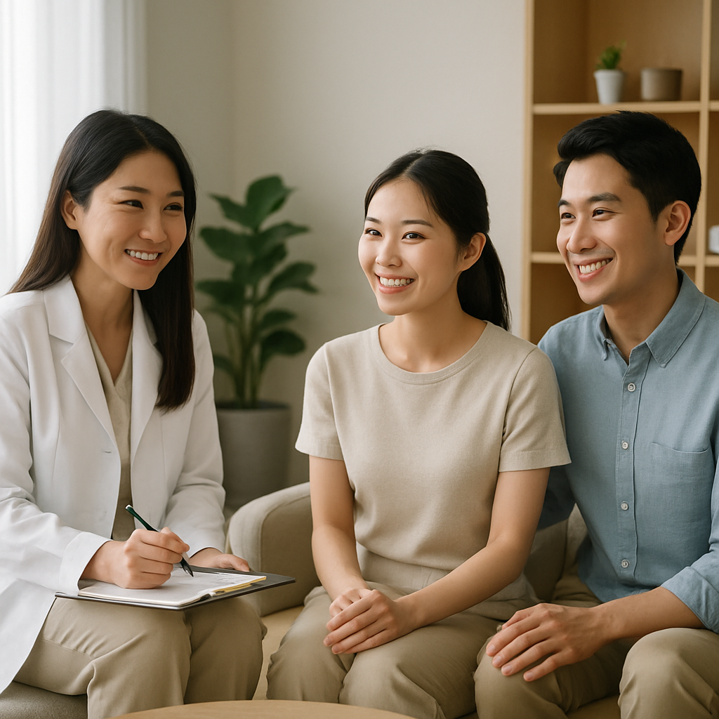 Photorealistic wellness consultation with a healthcare professional and client in a bright, calm clinic environment