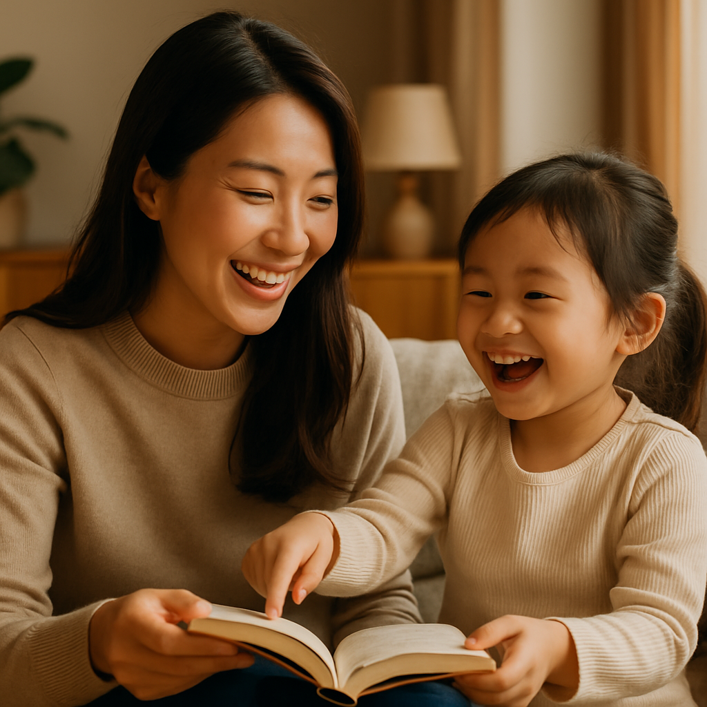 Photorealistic family moment with a parent and young child reading together in a cozy, modern home