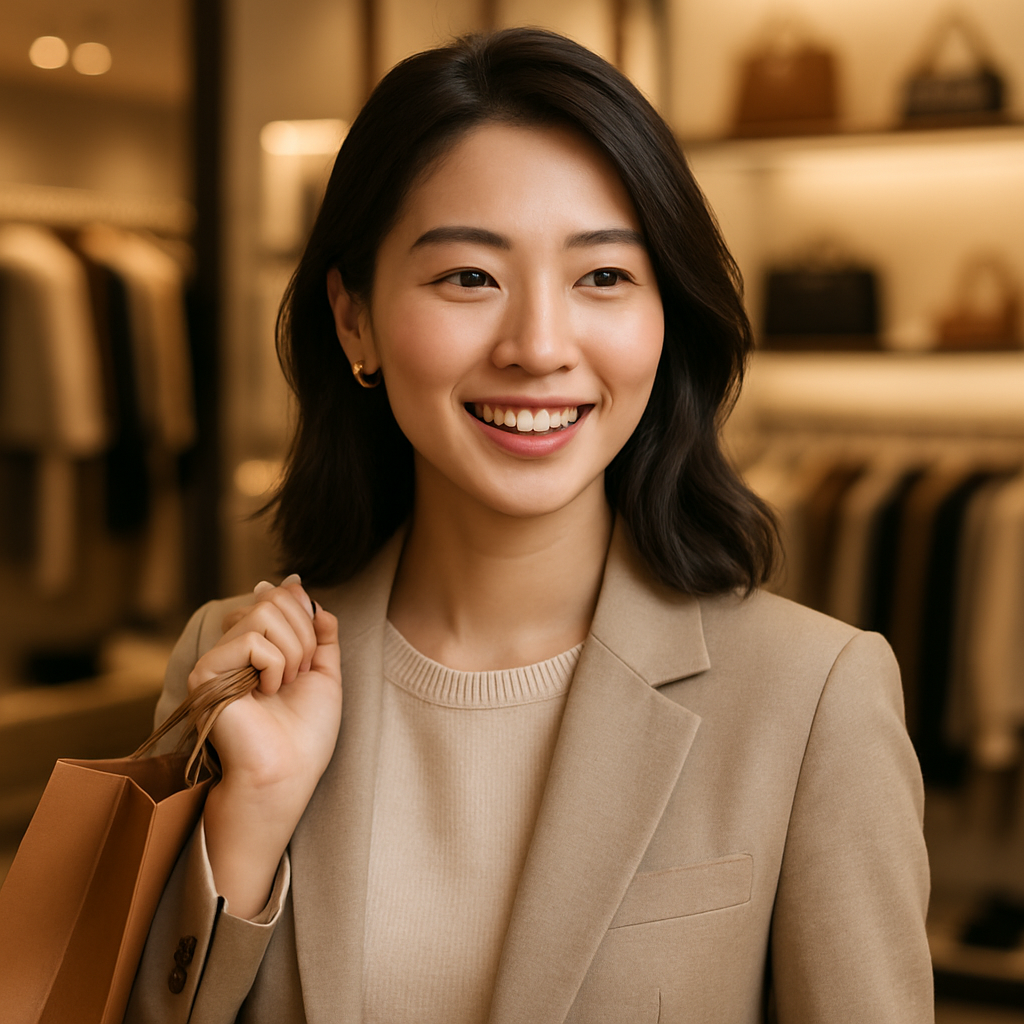 Photorealistic modern shopping scene with a well-dressed shopper holding a curated boutique purchase in a warm, upscale store