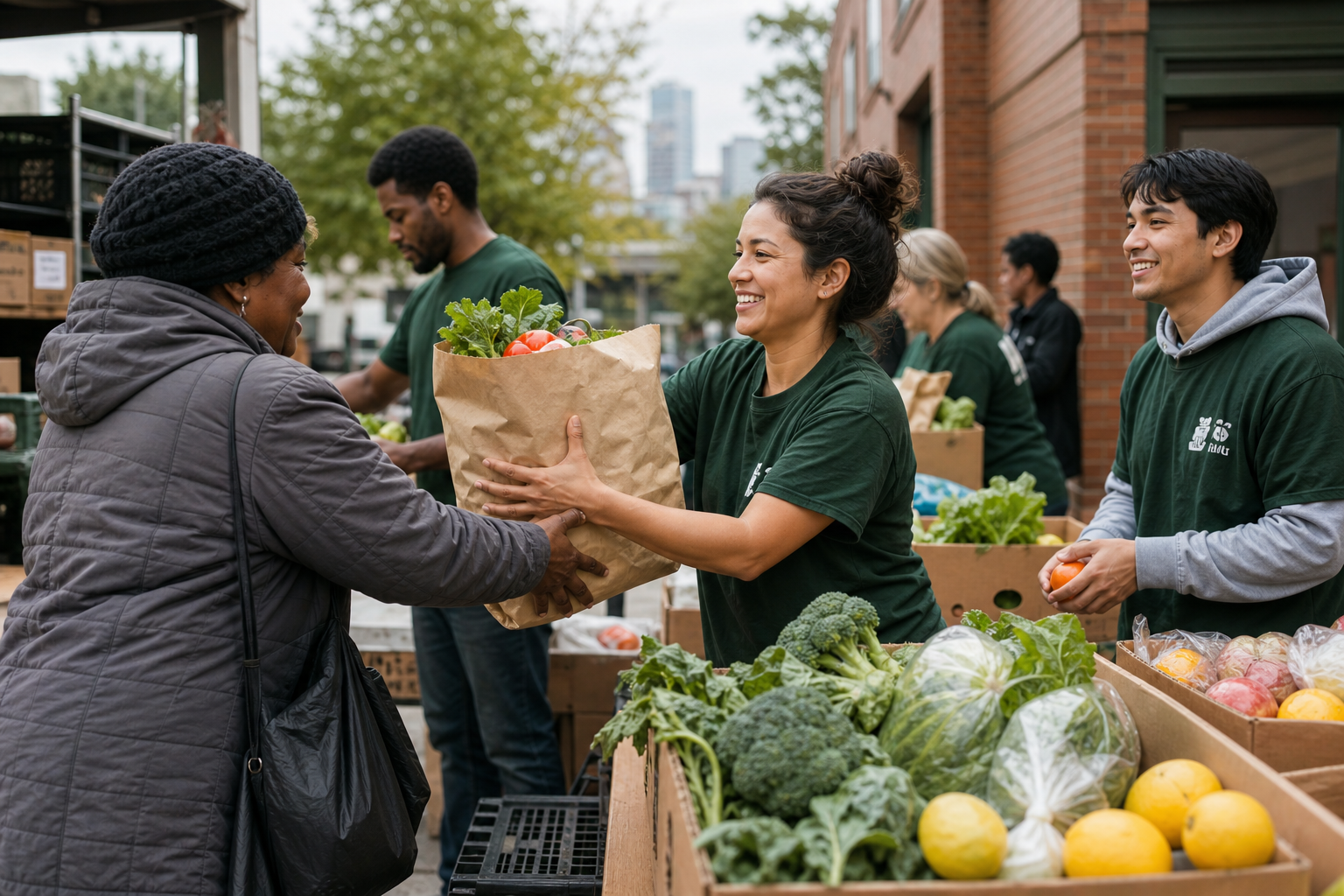 Volunteers in Philadelphia sorting rescued produce and boxed food at a community distribution table, smiling and handing groceries to local residents in warm natural daylight, documentary style