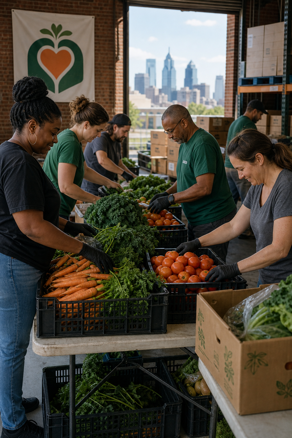 Philadelphia volunteers sorting crates of rescued produce and sharing food with community members