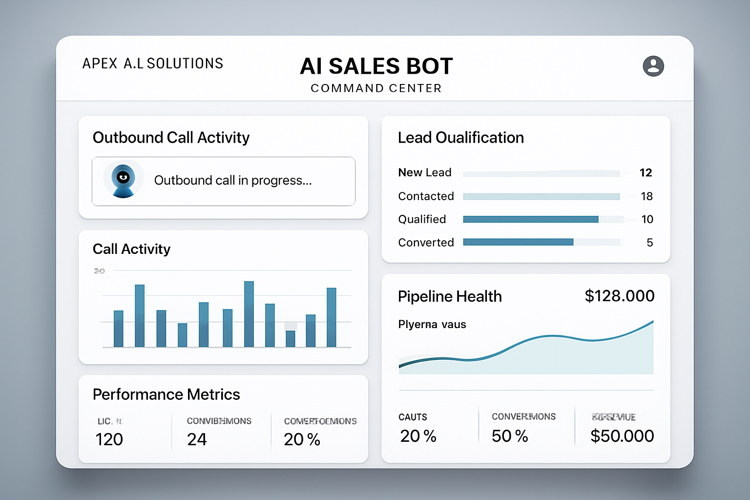 Polished B2B SaaS dashboard showing an AI sales bot command center with outbound call activity, lead qualification stages, and performance metrics in a sleek dark-on-light interface