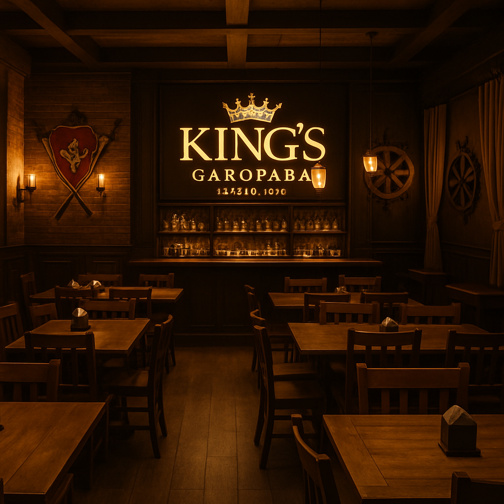 Ambiente interno do King's Garopaba Gastro Bar, mesas de madeira, clima acolhedor e luz suave, decoração temática sofisticada