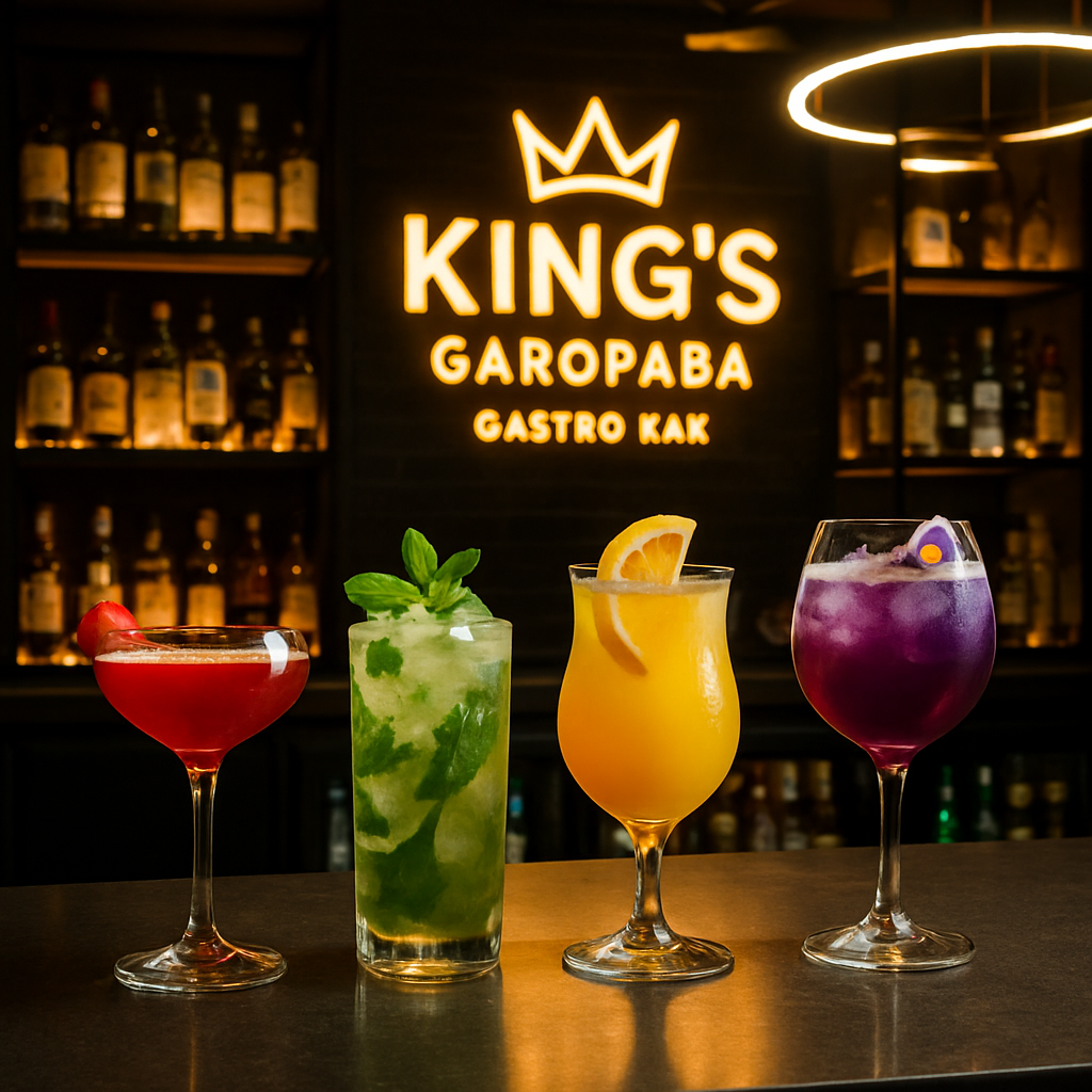 Detalhe do balcão do bar com drinks coloridos, iluminação moderna e garrafas expostas