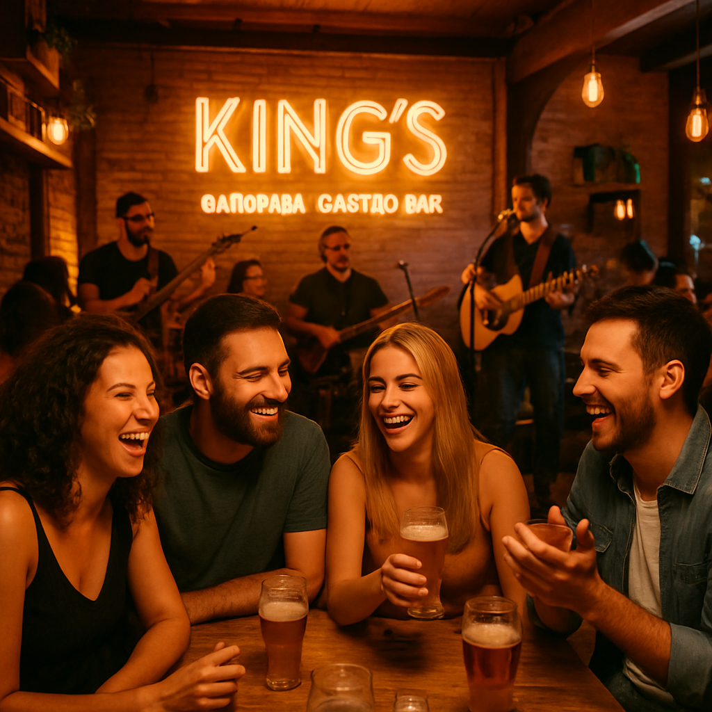 Clientes sorrindo durante evento ao vivo, música e confraternização no King's Garopaba Gastro Bar