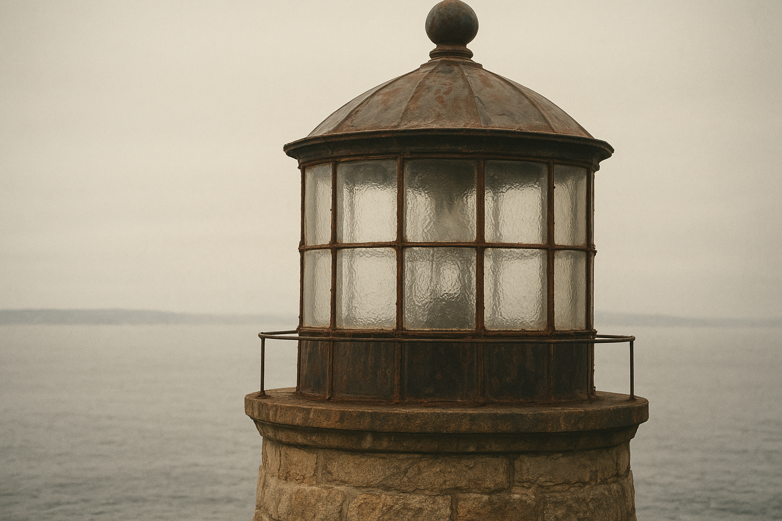 Close archival detail of lighthouse lantern-room glass and weathered masonry overlooking the northern shoreline