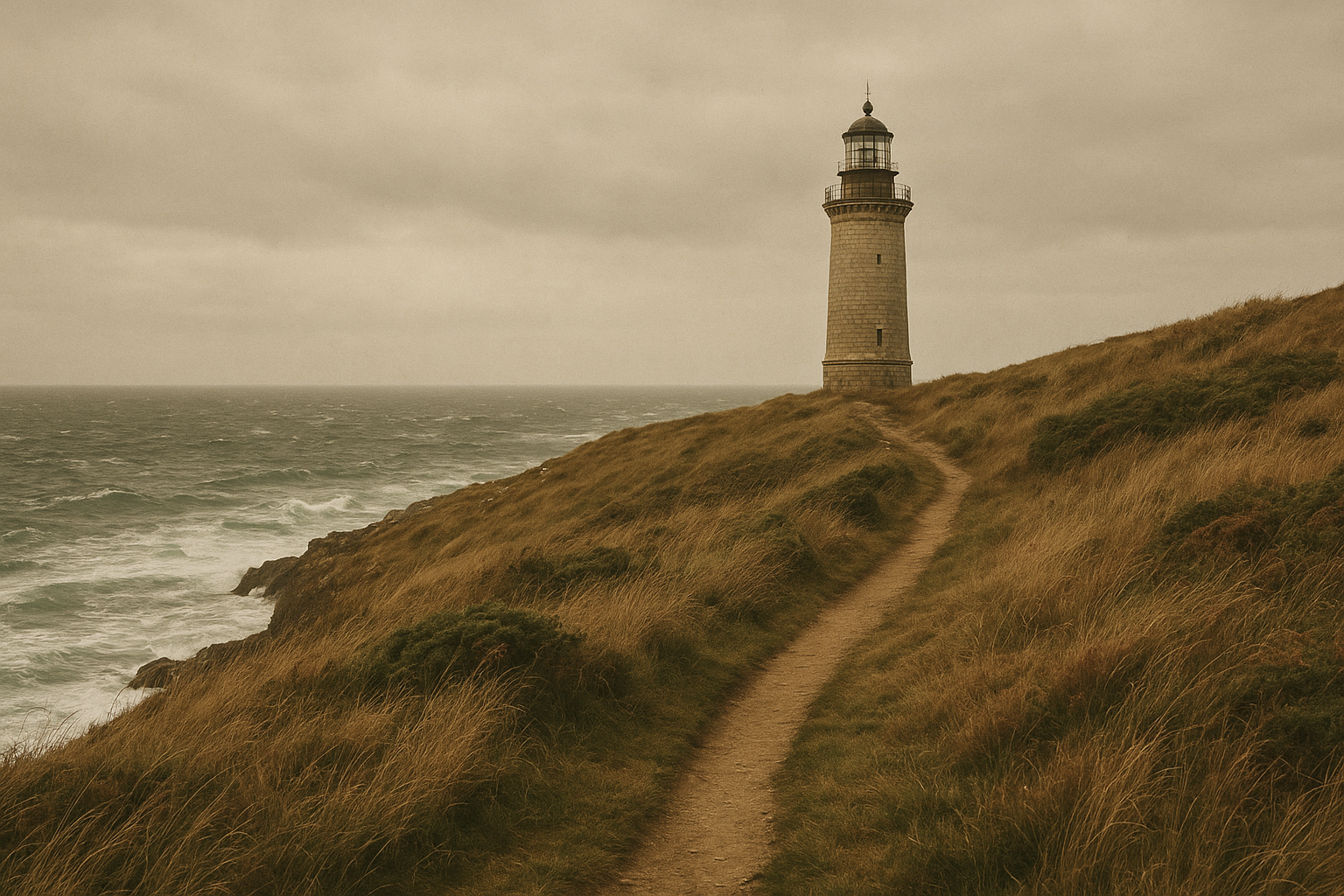 Narrow keeper pathway cut into cliff grass leading to a stone lighthouse