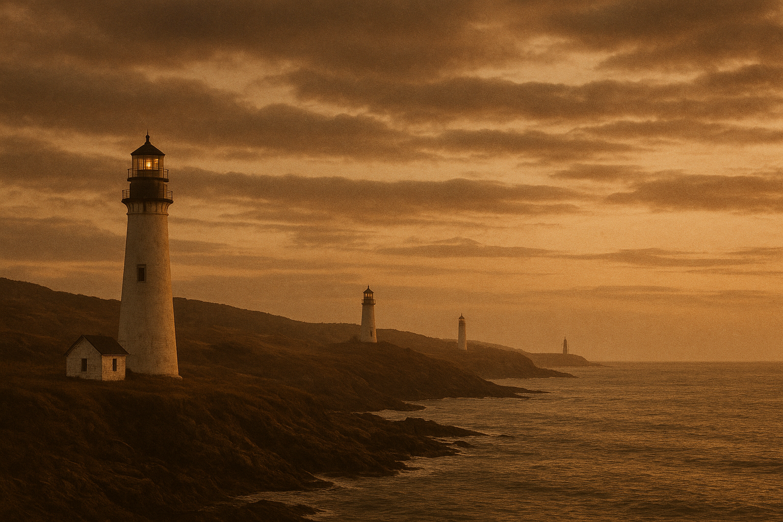 Series of headland lighthouses facing open sea under muted dusk clouds