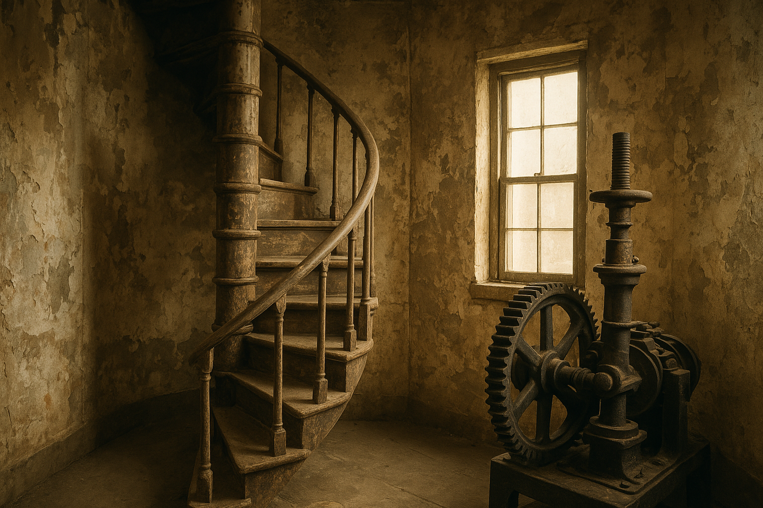 Worn interior stair and iron machinery inside an old lighthouse service room