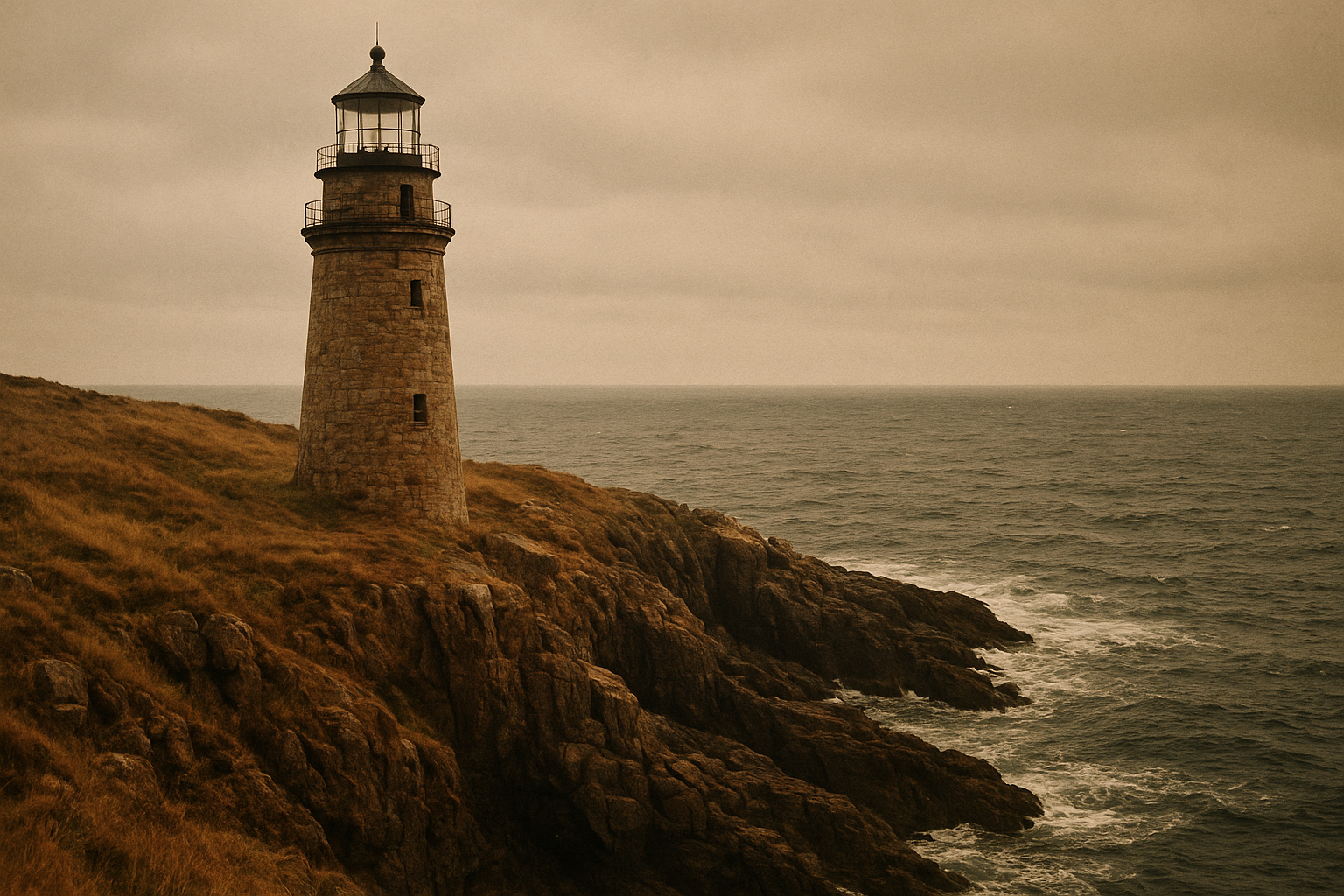 Weathered stone lighthouse on a rugged northern coastline under soft maritime light