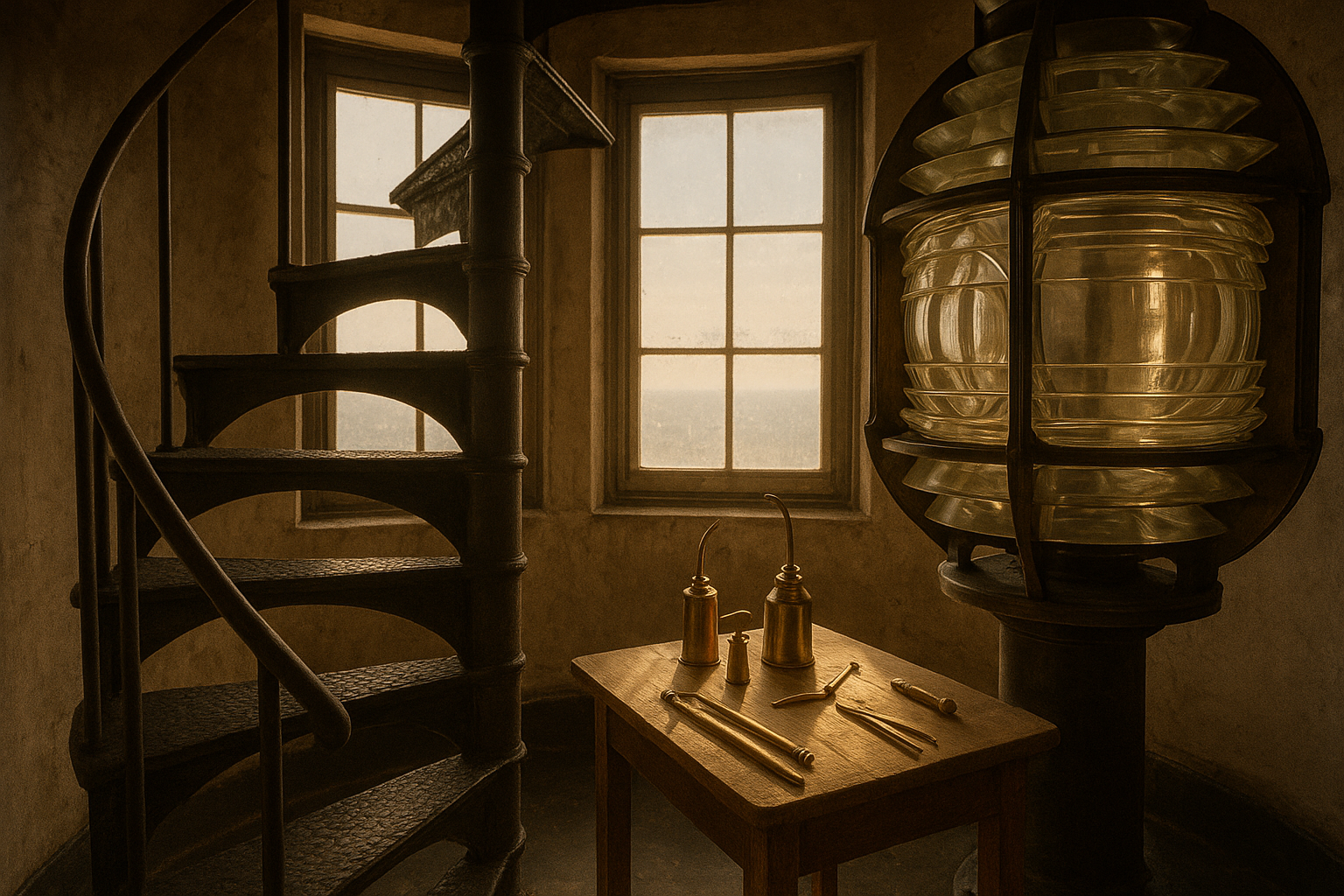 Warm lamp room interior with brass maintenance tools beside a spiral stair and coastal light through salt-streaked windows