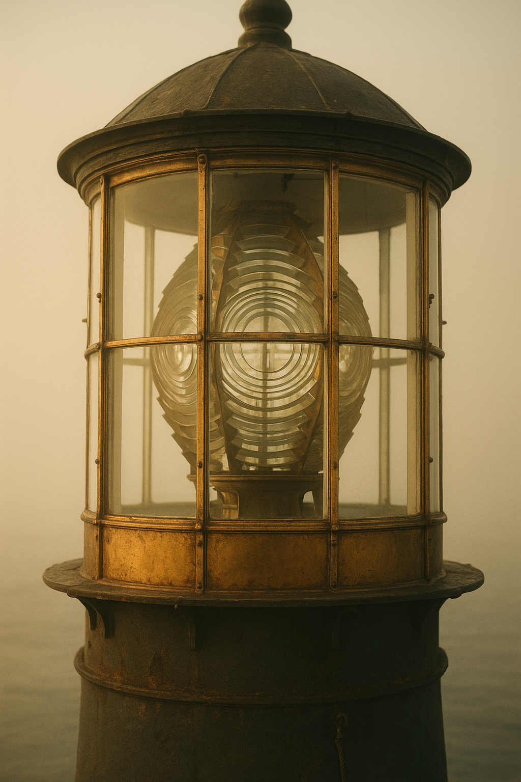 Close view of brass lantern housing with faceted Fresnel prism glass