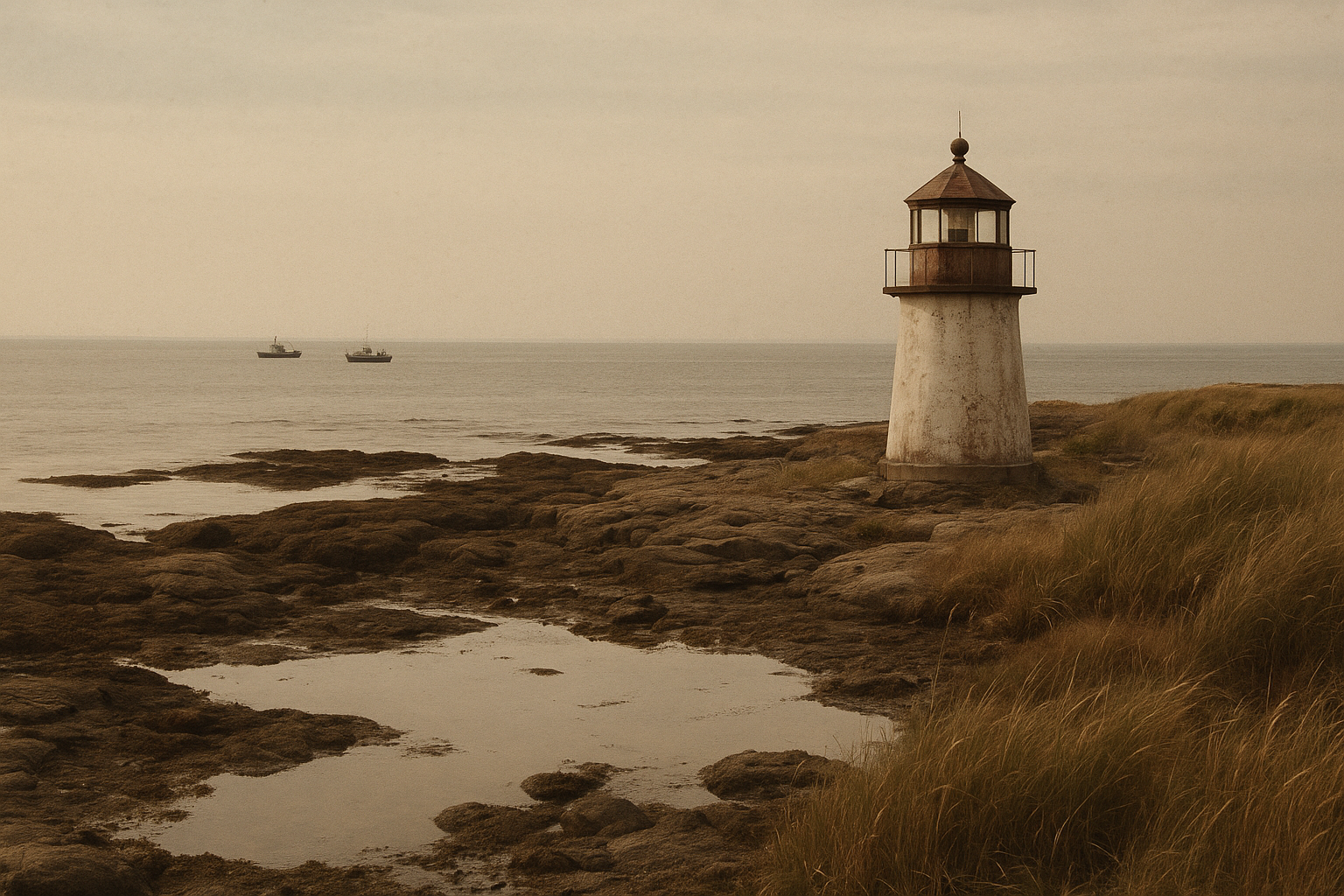 Low shoreline beacon with tide pools, drift grass, and distant fishing boats