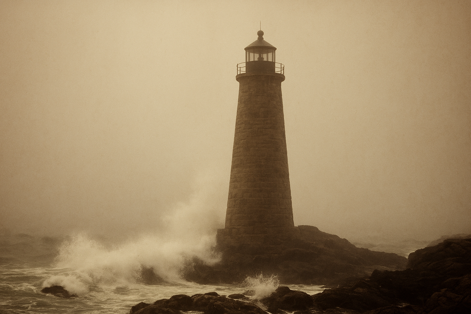 Granite lighthouse tower standing against heavy sea fog and wind-driven spray