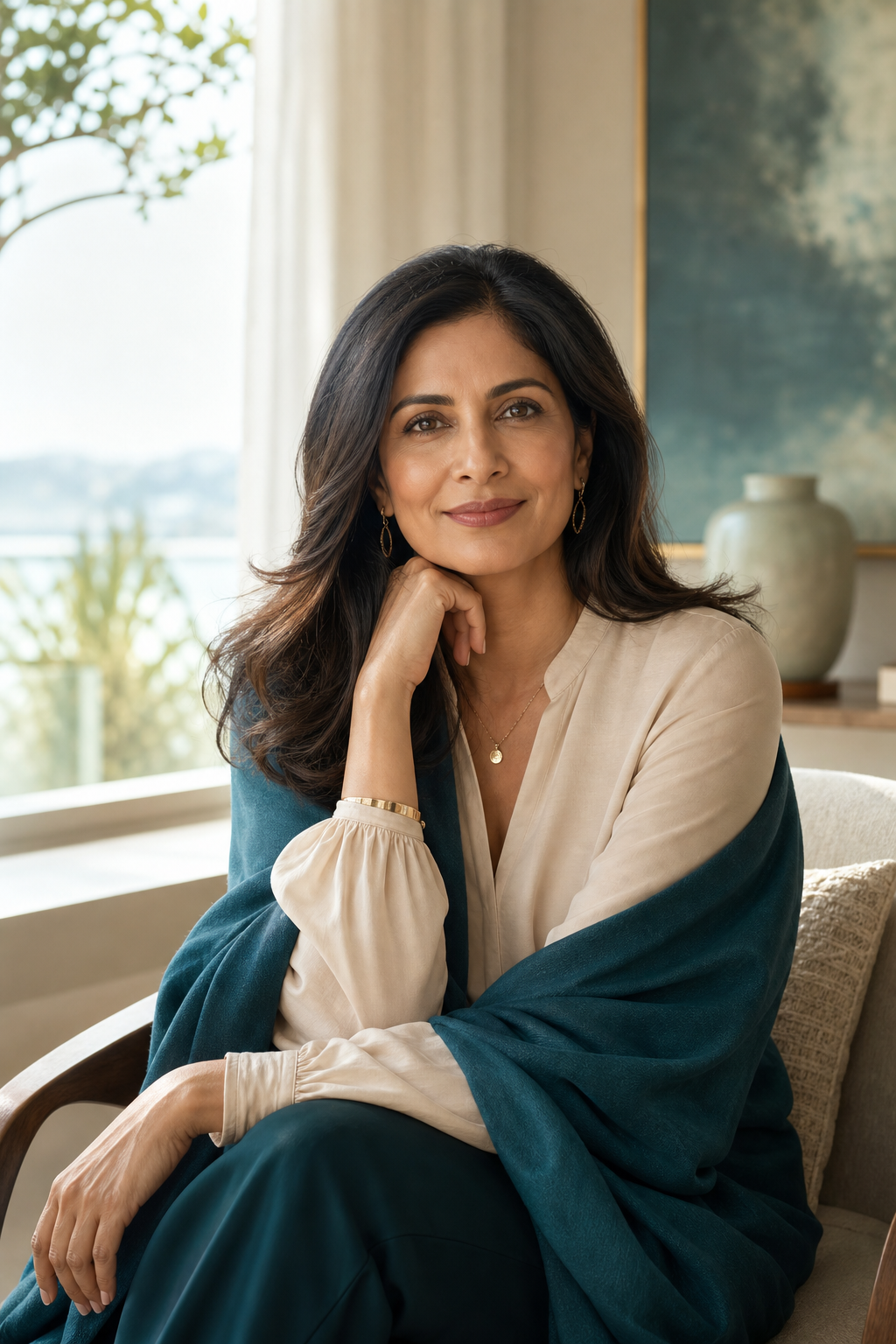 Portrait of a midlife South Asian woman in a soft sand blouse and teal wrap, looking confident in natural morning window light.
