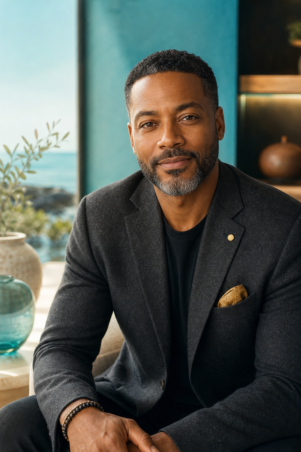 Portrait of a mid-career Black man in a charcoal jacket with warm gold highlights, calm expression, and polished studio-natural blended light.
