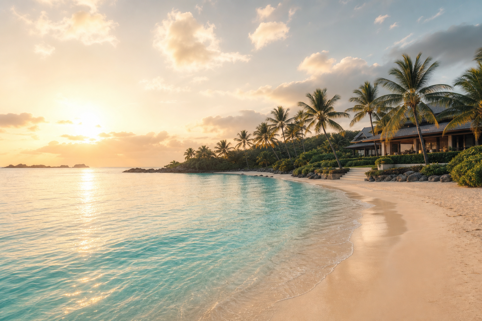 Serene tropical coastline with calm turquoise water, palm silhouettes, and warm sunrise light