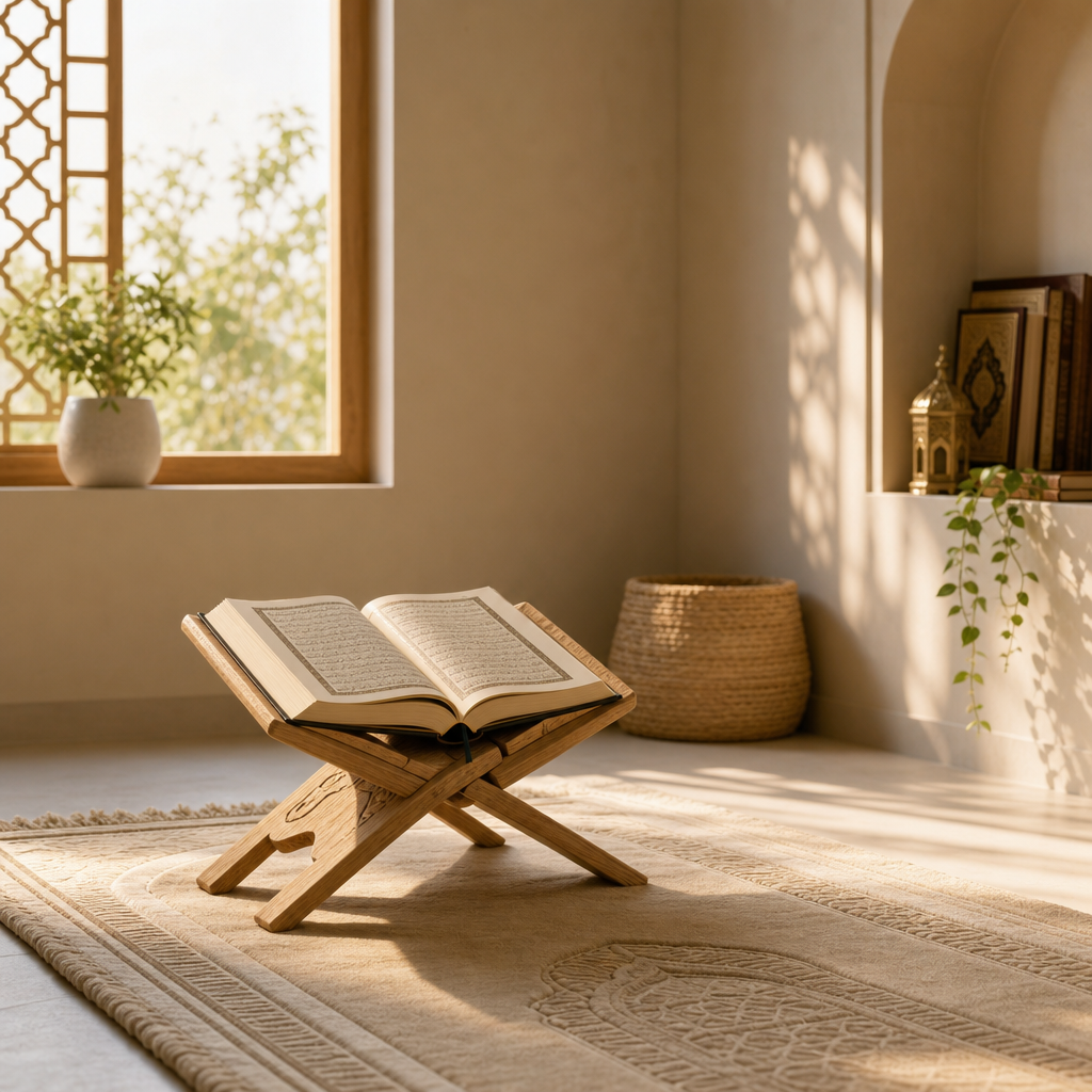 Calm, sunlit prayer space with a soft prayer rug, an open Qur'an on a wooden stand, and warm morning light filtering through a window