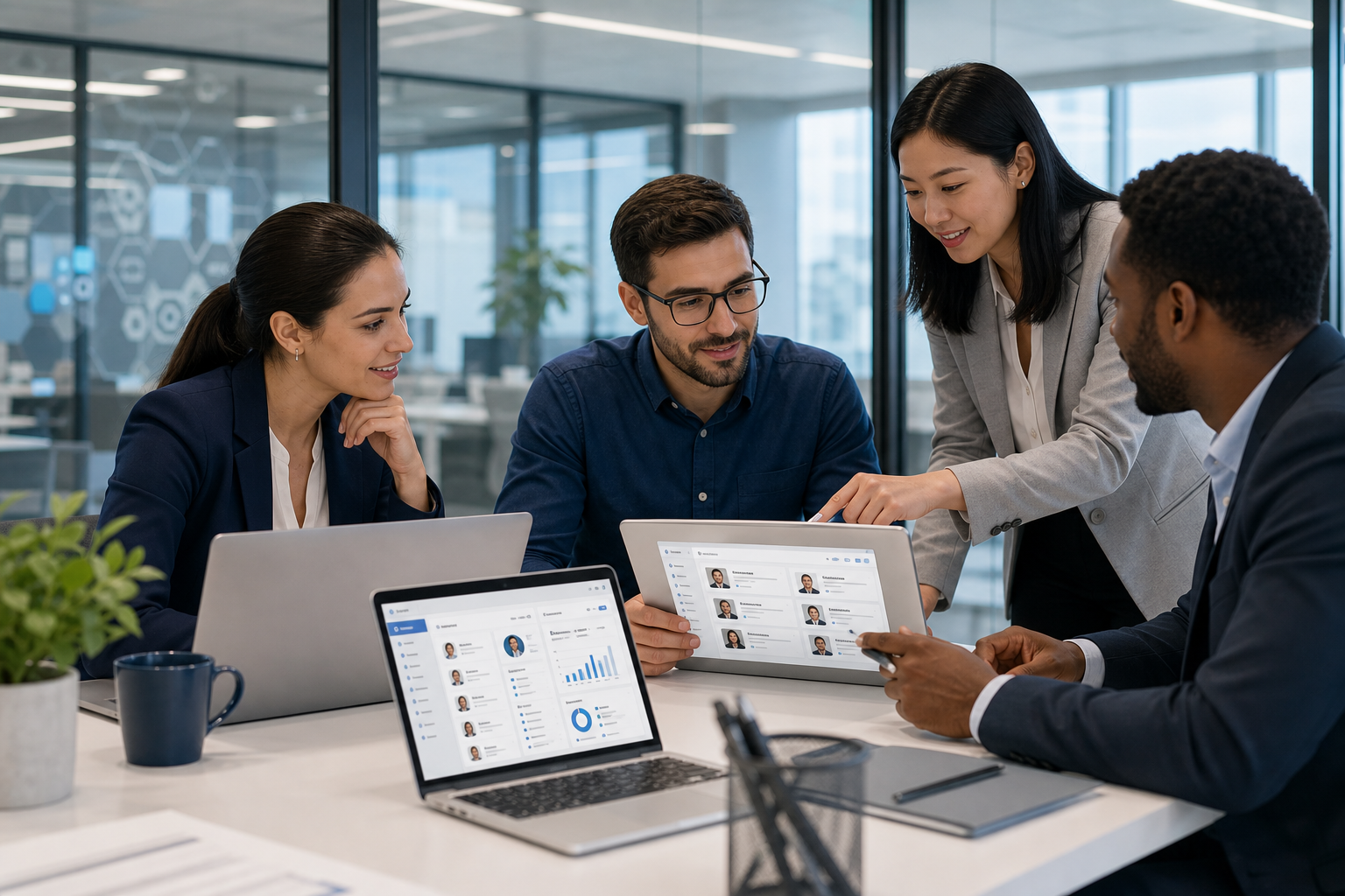 Modern IT staffing collaboration scene with professionals reviewing technical candidate profiles on laptops in a polished office