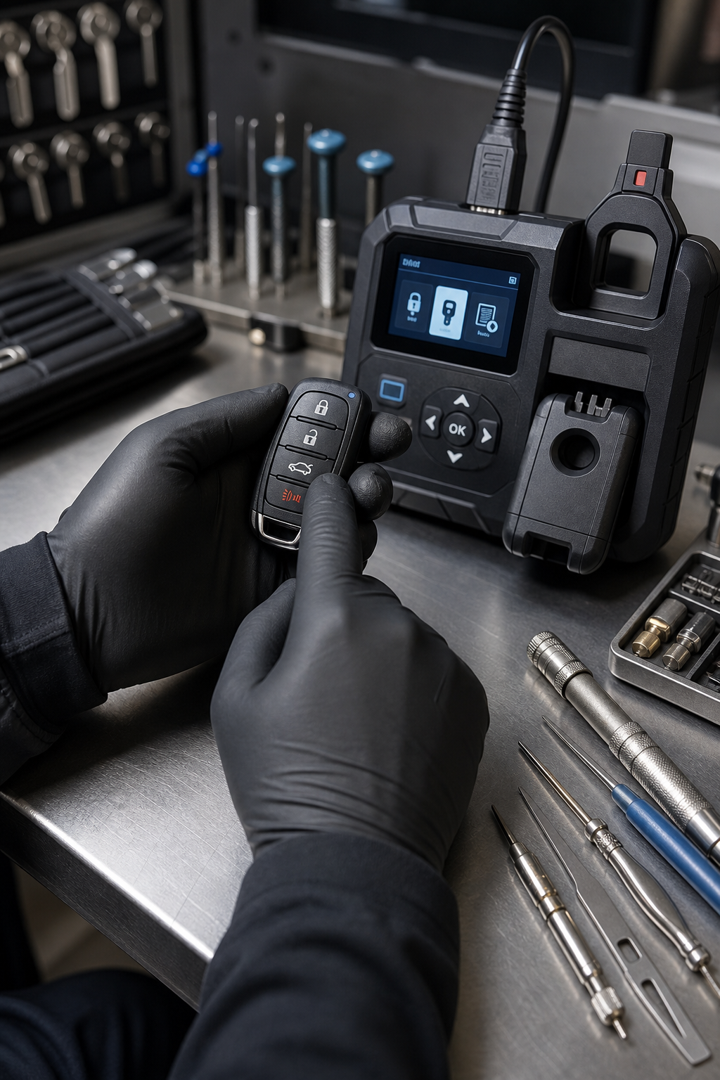 Professional locksmith hands programming a modern car key fob with diagnostic tools on a clean workbench