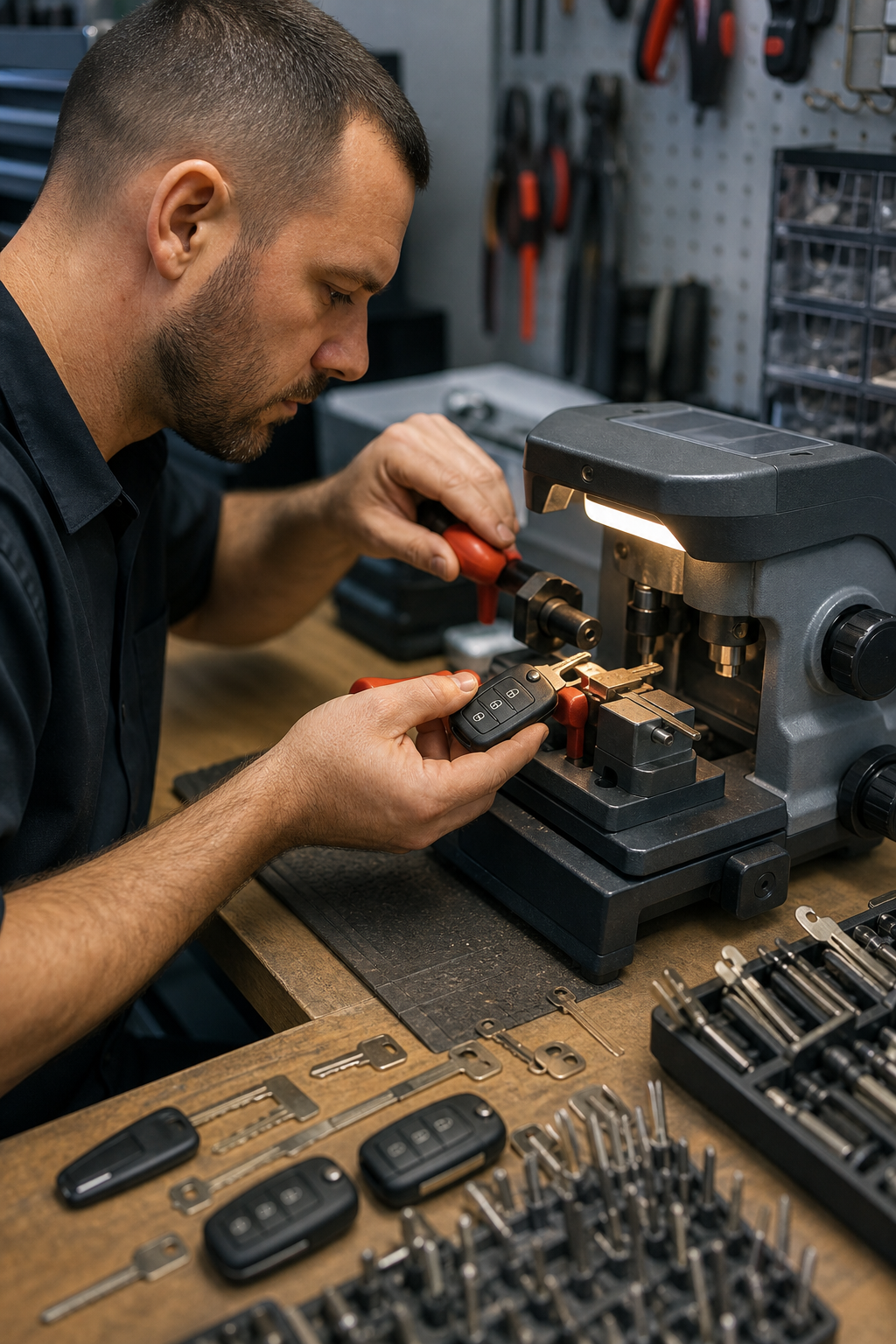Professional locksmith precisely cutting and testing a car key with specialized bench tools