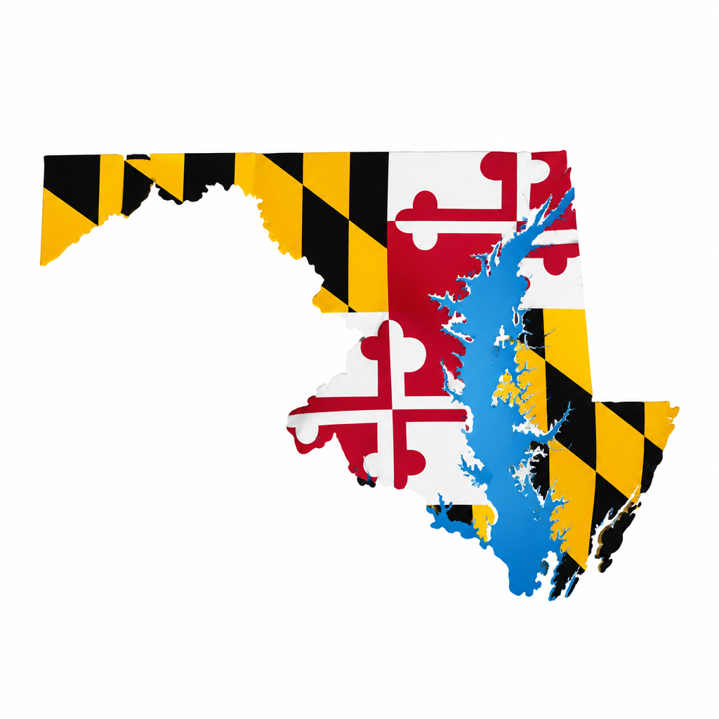 Maryland state silhouette filled with authentic Maryland flag quadrants, with a clean localized blue bay-water detail in the center-right area; crisp edges on a light white background and no labels, pins, or icons